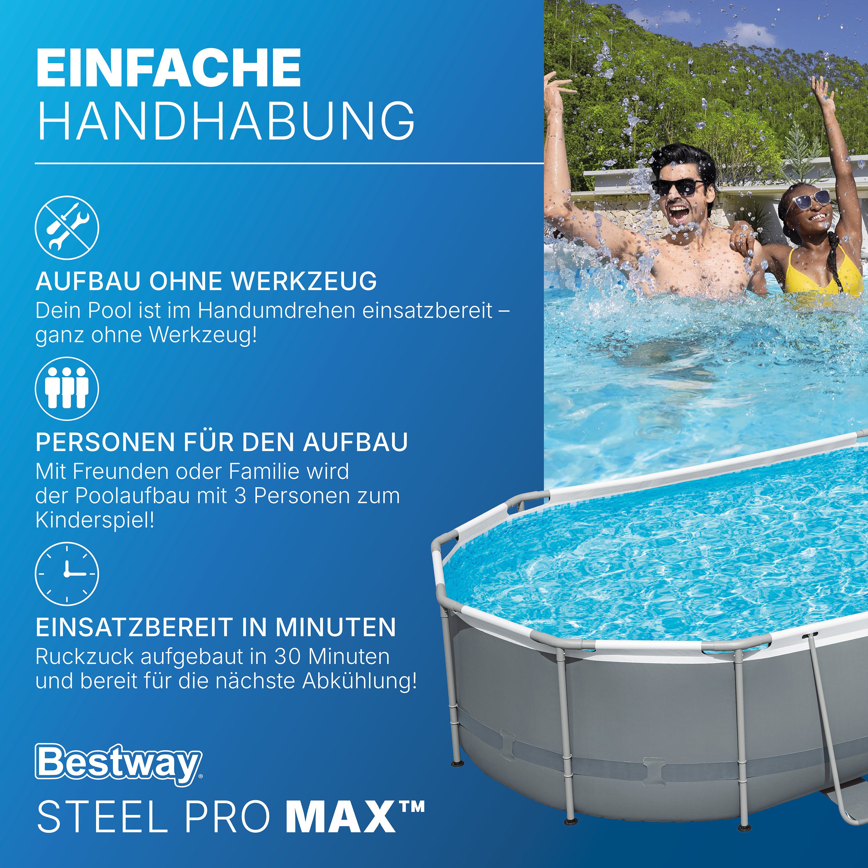 Bestway Framepool Steel Pro MAX™ (Set, Inkl. Filterpumpe, Sicherheitsleiter,Abdeckplane), 488 x 305 x 107 cm