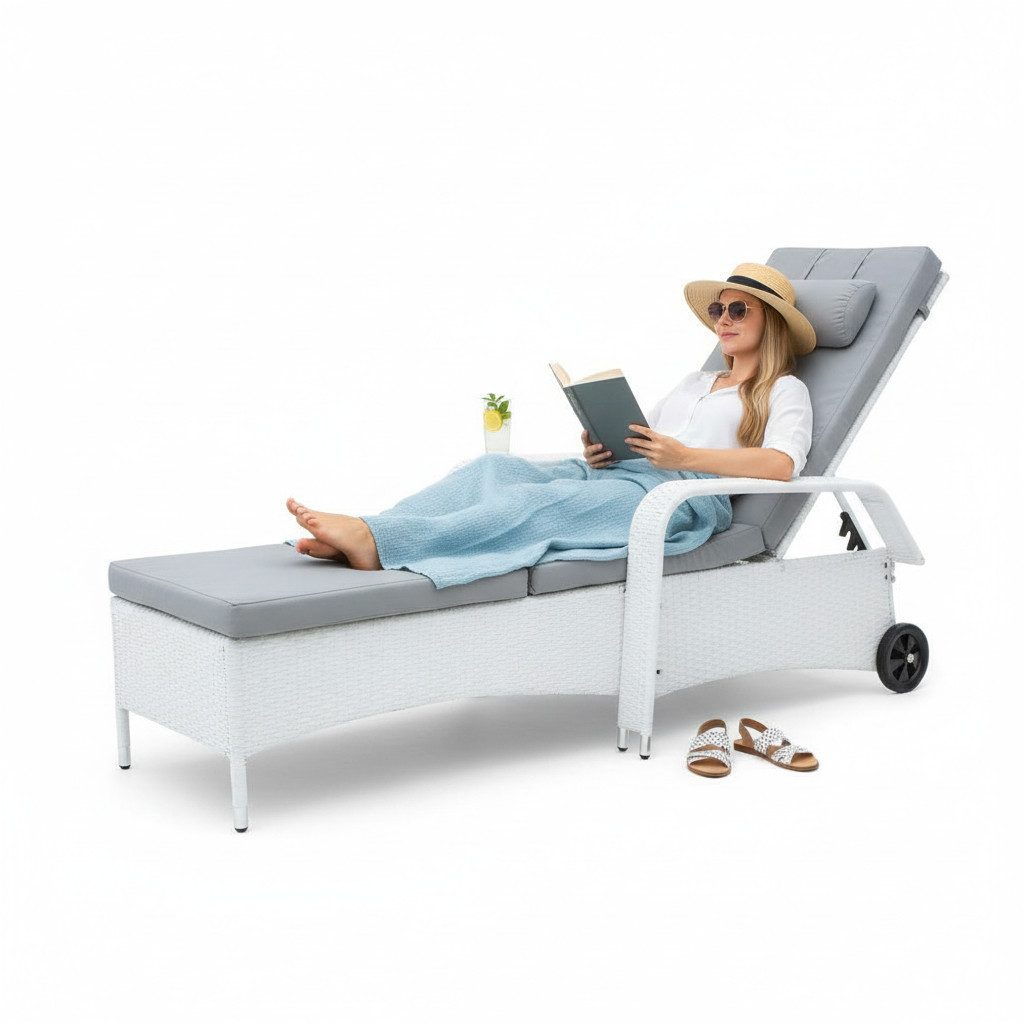 Feel2Home Gartenliege Polyrattan Sonnenliege mit verstellbarer Rückenlehne und Auflage, Stück, 1 St., Set bestehend aus 1 Sonnenliege inkl. Kissen, Gartenliege mit Rollen, Kopfstütze und verstellbarer Rückenlehne