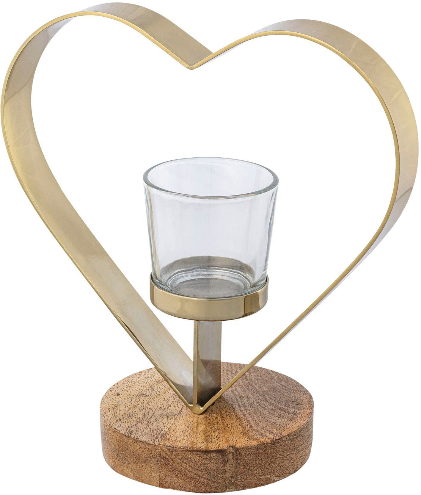 Creativ home Teelichthalter Kerzenhalter Herz (Set, 2 St), aus Holz, Edelstahl und Glas