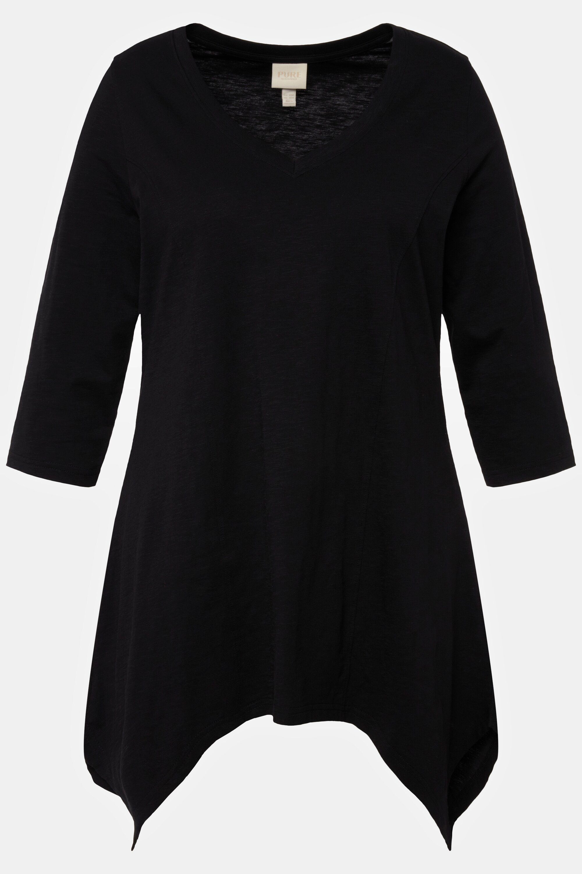 schwarz Shirt Ulla Popken 3/4-Arm Biobaumwolle Zipfelsaum V-Ausschnitt Rundhalsshirt