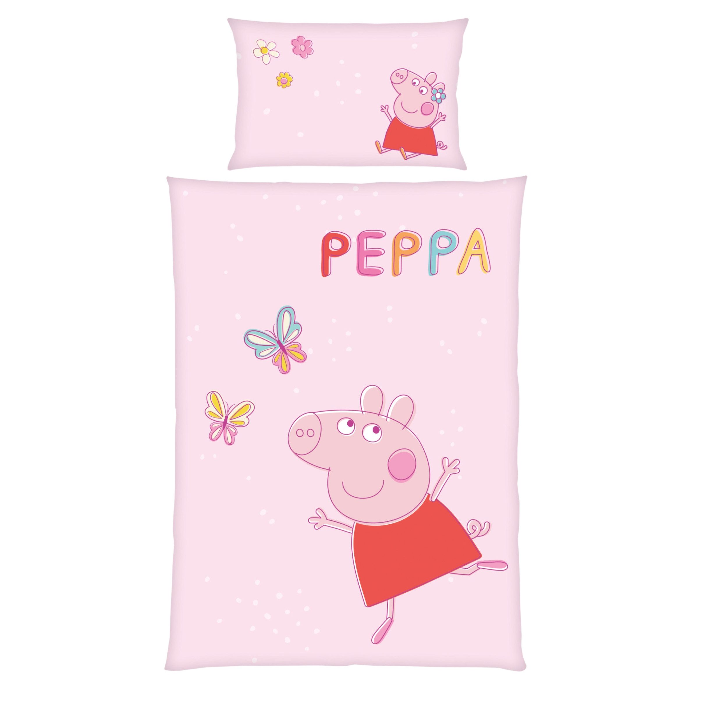 MTOnlinehandel Kinderbettwäsche Peppa Pig 100x135 + 40x60 cm, 100 % Baumwolle, 2 teilig, Babybettwäsche, Wende-Motiv mit Peppa Wutz, Schmetterling, rosa