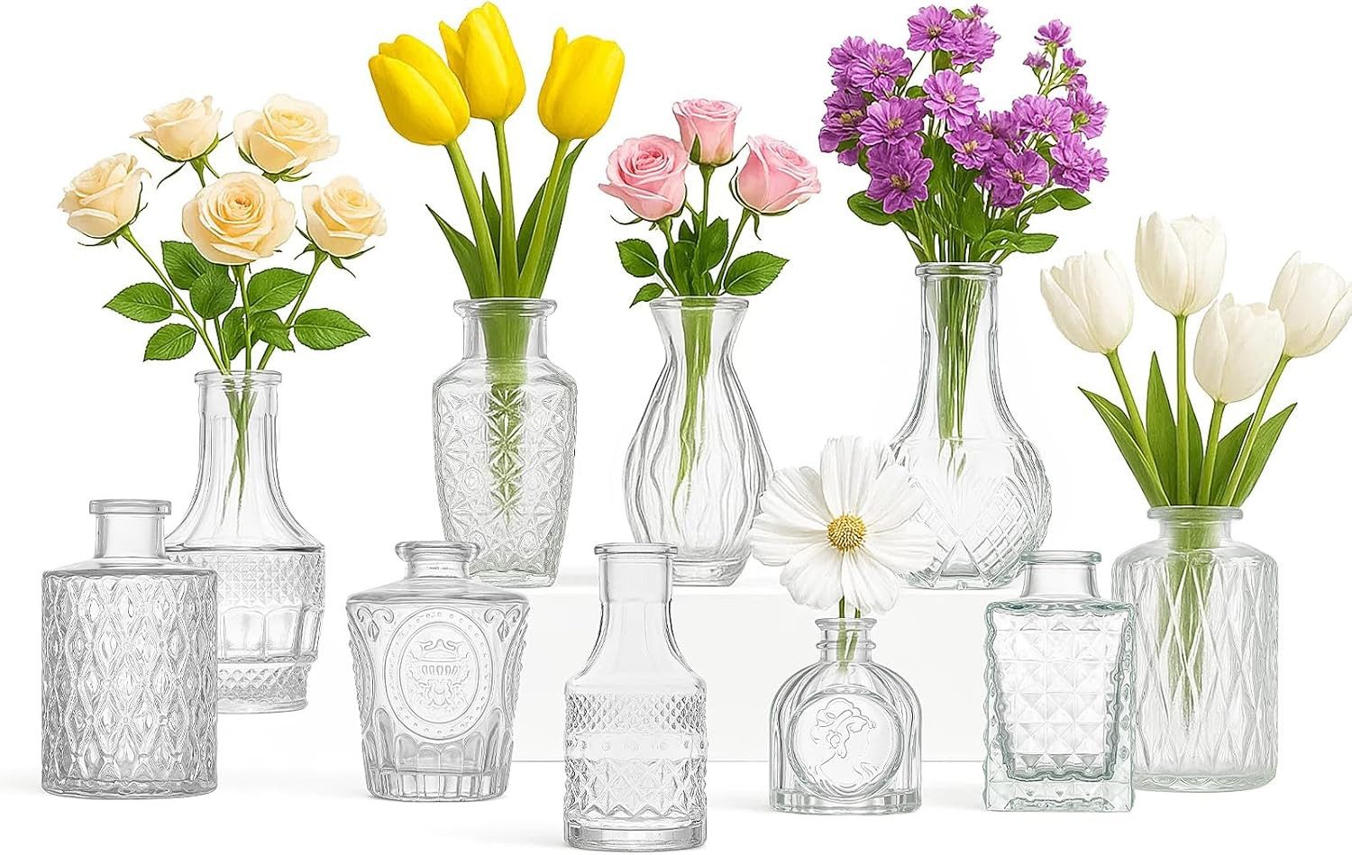 Youyijia Tischvase Glasvase 6er-Set (13 cm) – Kleine Vintage Vasen mit Diamantschliff