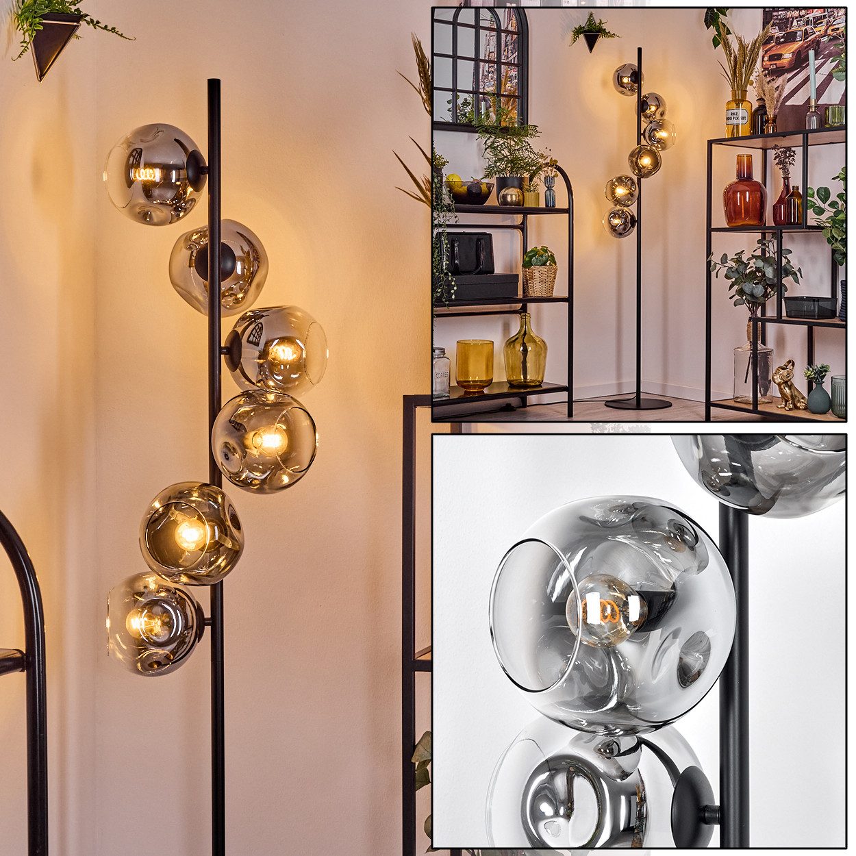 Stehlampe Stehlampe aus Metall/Glas in Schwarz/Chrom/Rauch/Klar
