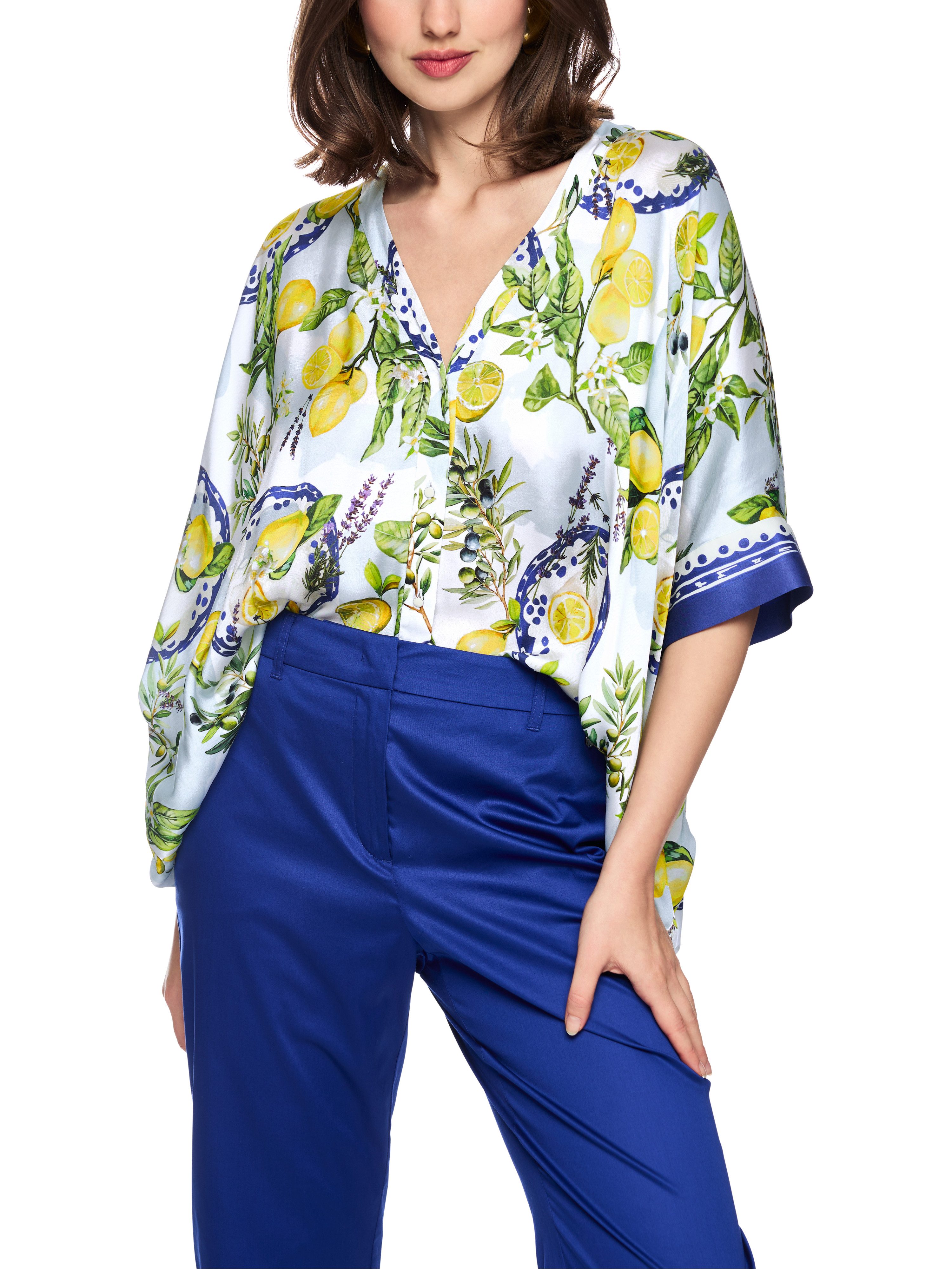 Marc Cain Kurzarmbluse Amalfi Portofino Lemons Premium Damenmode Viskosebluse mit mediterranem Print
