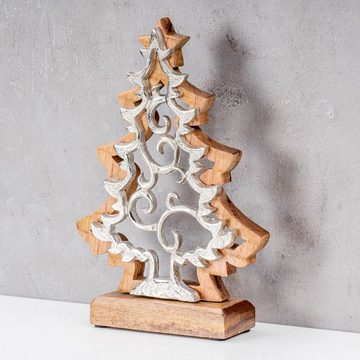 Levandeo® Dekoobjekt, Deko Baum Aufsteller Weihnachten H25cm Holz Metall Natur Silber