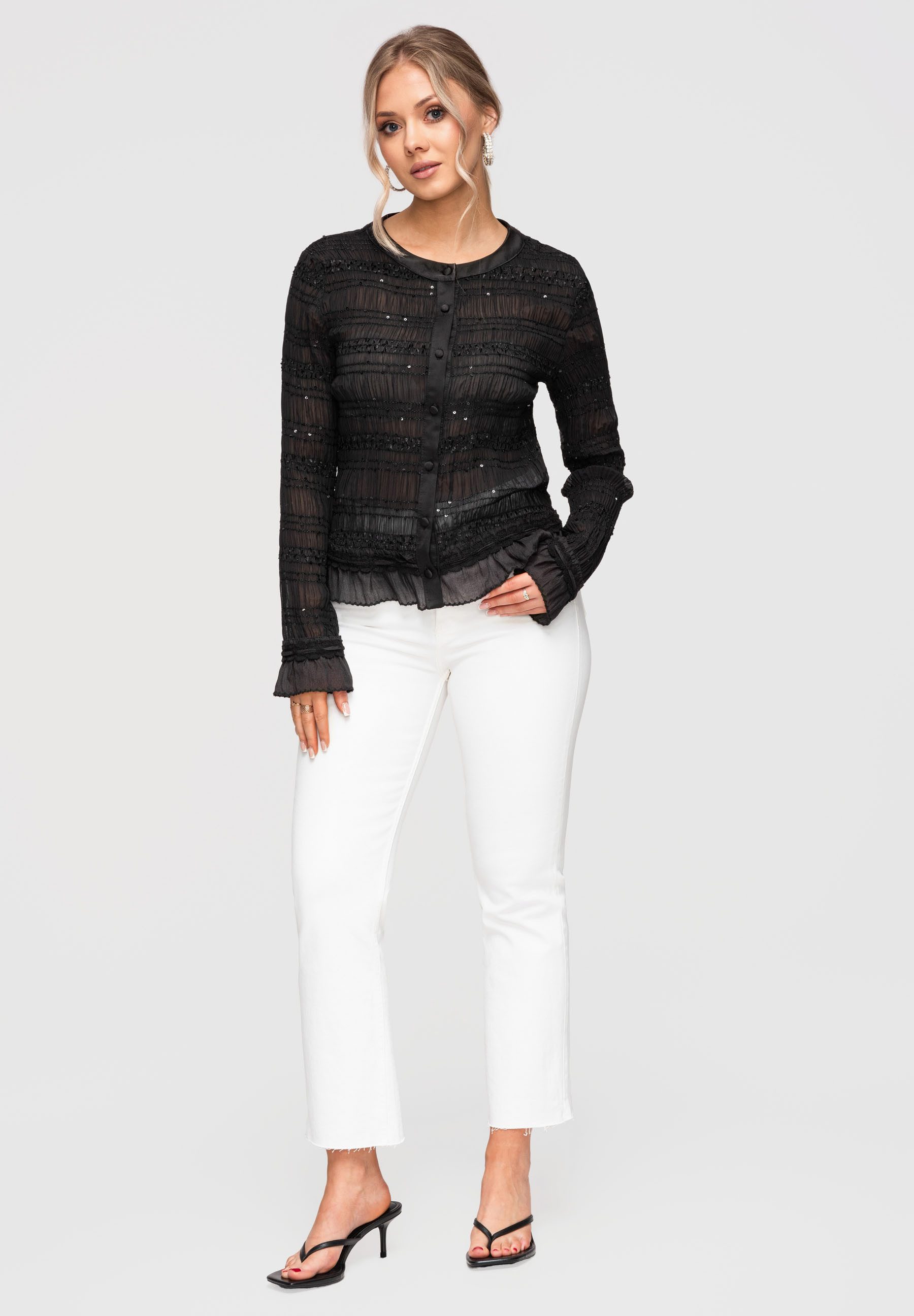 OMBRE Langarmbluse Damen Bluse Langarm Elegant Chiffon Schwarz S/M (kein Set, 1-tlg) Strukturiertes Gewebe, halbdurchsichtig