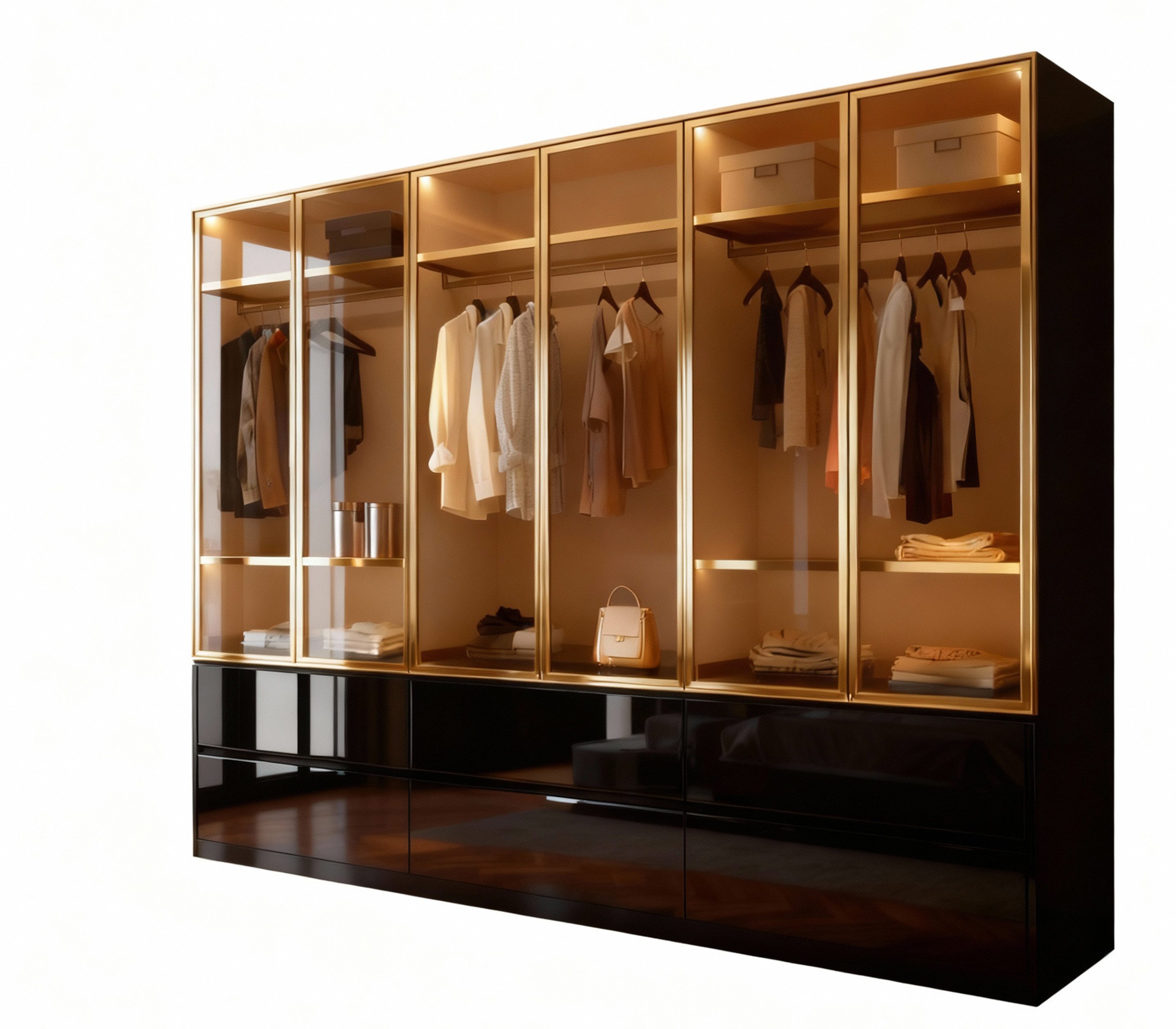 Palms-Store Kleiderschrank Luxemburg 6-Türig Glastüren mit goldfarbenen Glasrahmen (Spar-Set) Breite: 300 cm, Tiefe: 62 cm, Höhe: 218 cm, inkl. Zubehör