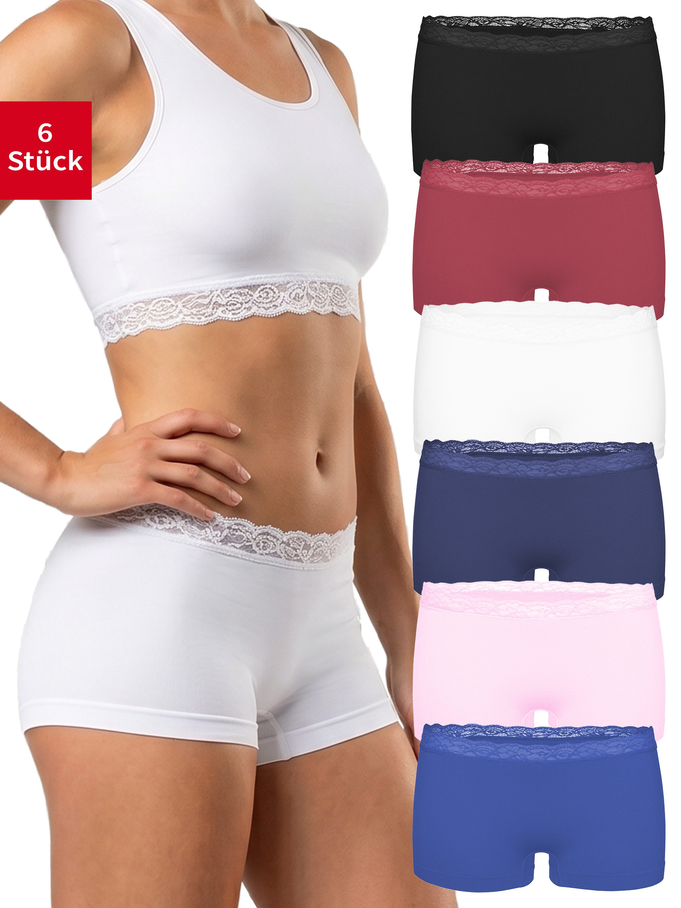 Fabio Farini Boxershorts Damen Unterhosen - Microfaser Frauen Boxer Slip (Packung, 6-St) mit dezenter Spitze am Bund