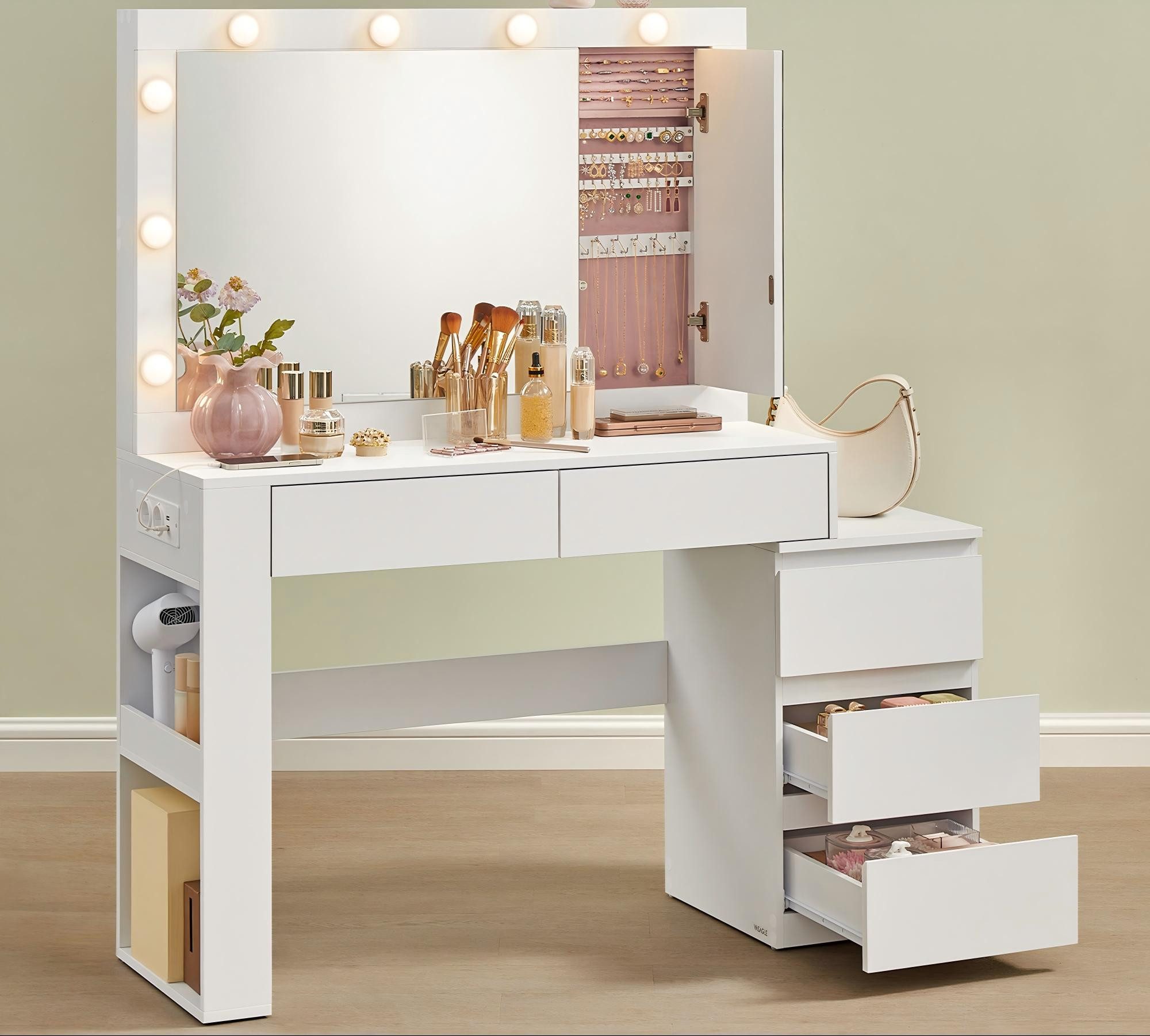VASAGLE Schminktisch Frisiertisch mit Spiegel, Schmuckschrank, Steckdosenle günstig online kaufen