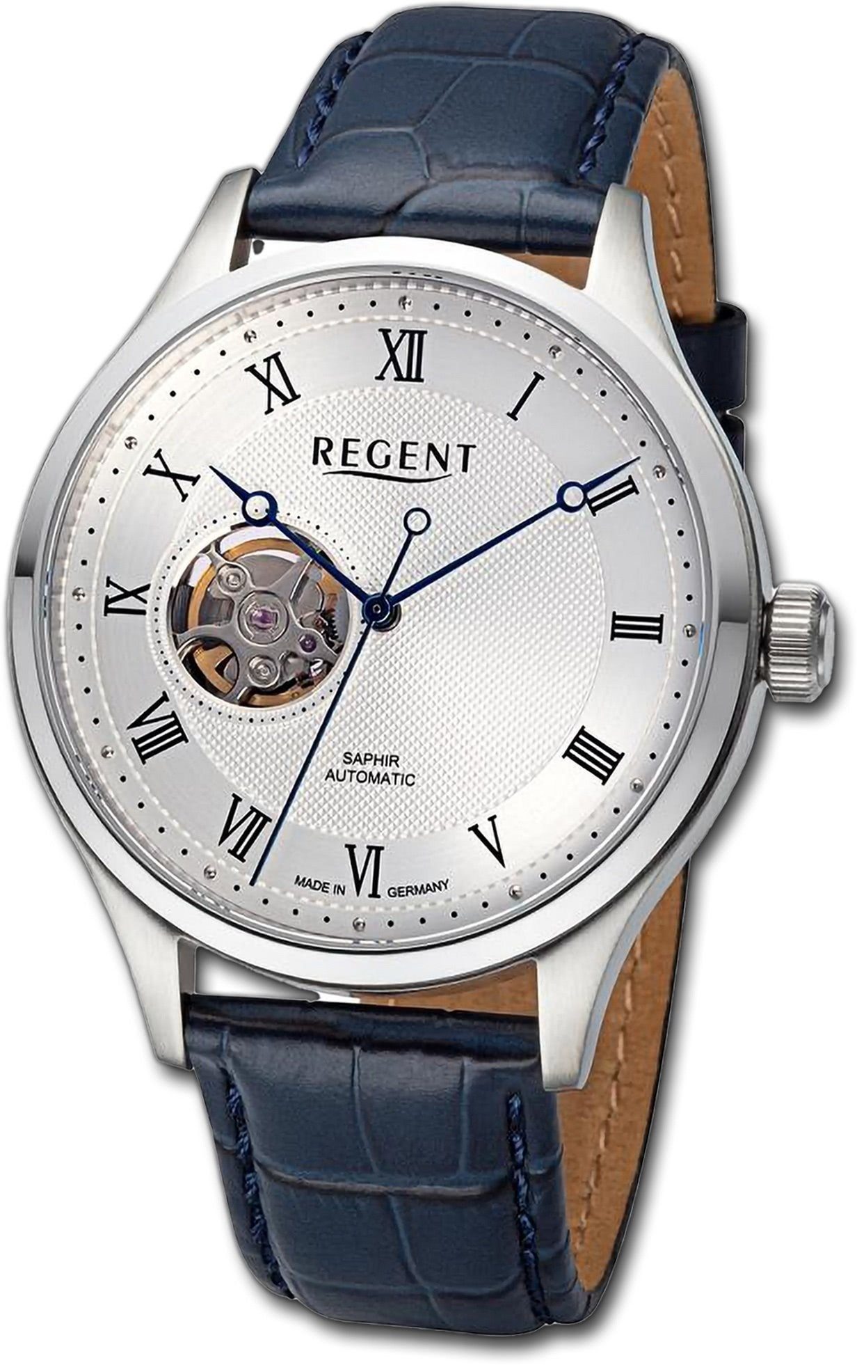 Regent Quarzuhr Regent Herren Armbanduhr Analog, Herrenuhr Lederarmband blau, rundes Gehäuse, extra groß (ca. 42mm)