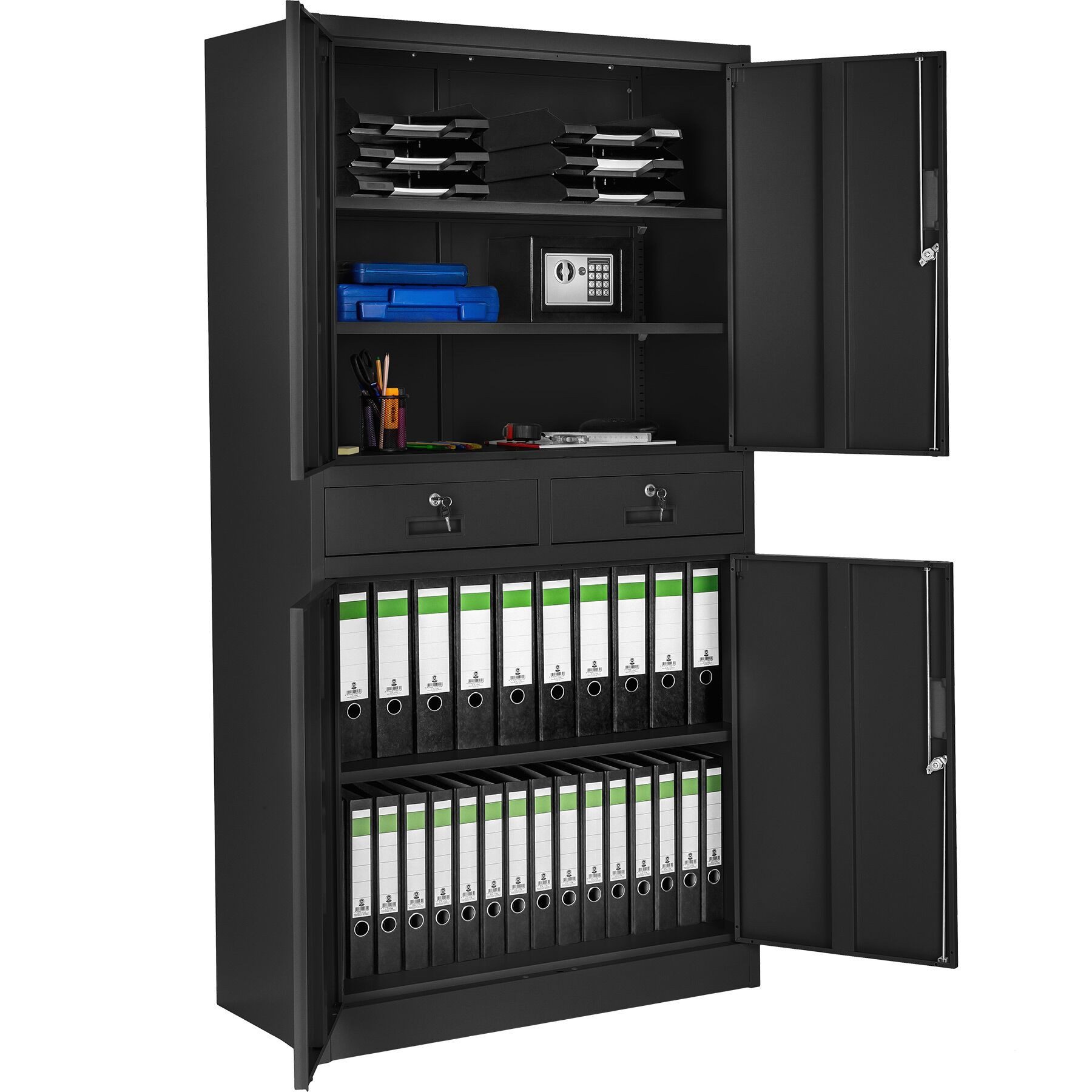 tectake Aktenschrank Solider Büroschrank mit Schubladen und Fächern (Stahlschrank Cosmo, 1-St., in schwarz/schwarz) Verschließbar mit 4 Sicherheitszylinderschlössern
