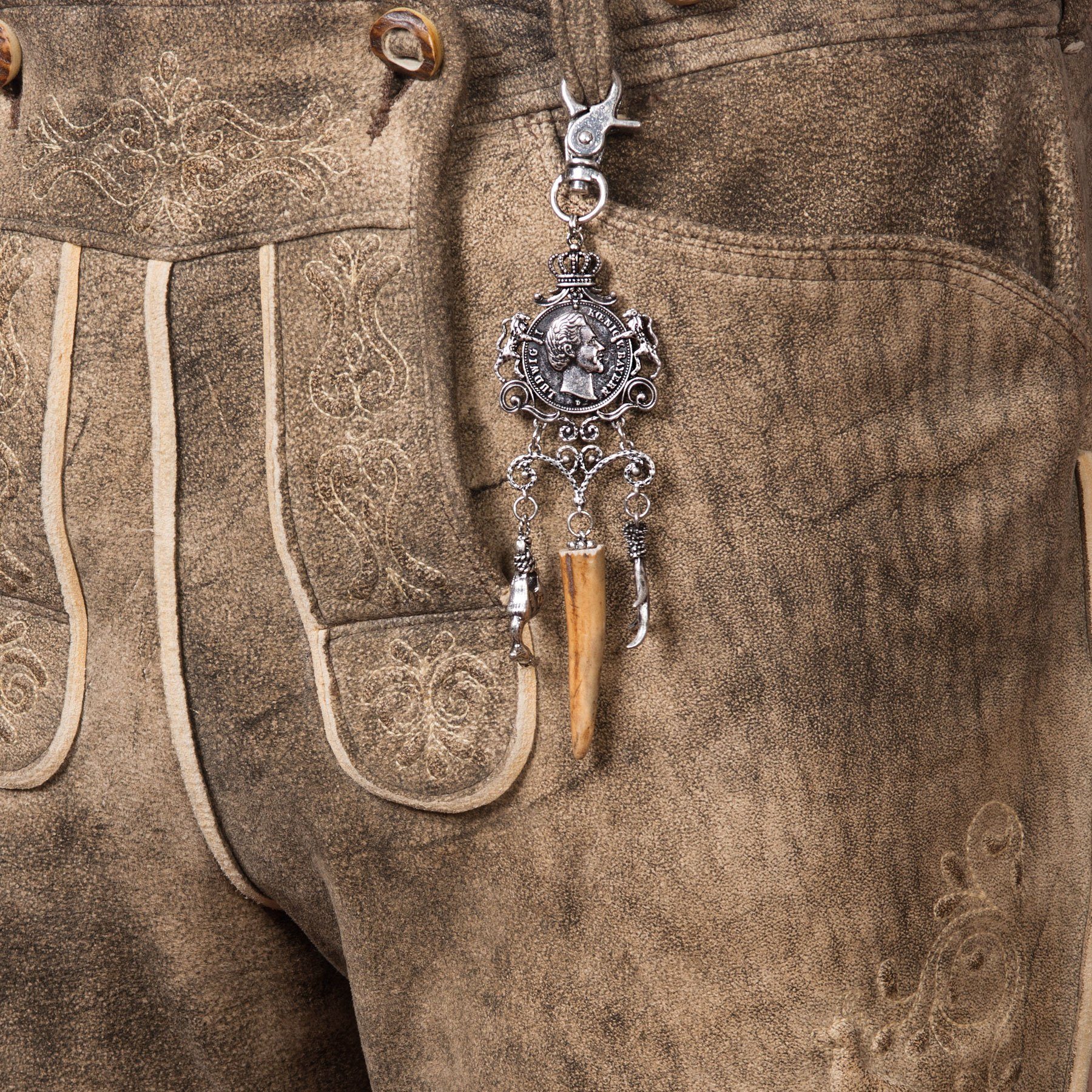 Alpenflüstern Kette Anhänger mit für Hochwertiger (antik-silber-farben), Taler Herren-Trachtenschmuck Trachten-Charivari Lederhose, Hirschhorn Trophäen-Anhängern mit Anhänger - die echtes Kini