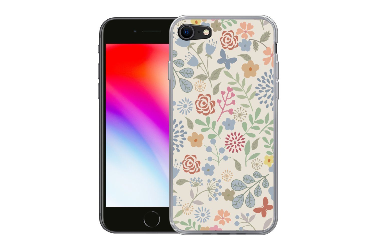 MuchoWow Handyhülle für Apple iPhone 8 Eine Blumenmuster-Illustration mit vielen Blumen, Smartphone-Bumper, Print, Handy Schutzhülle Dünn
