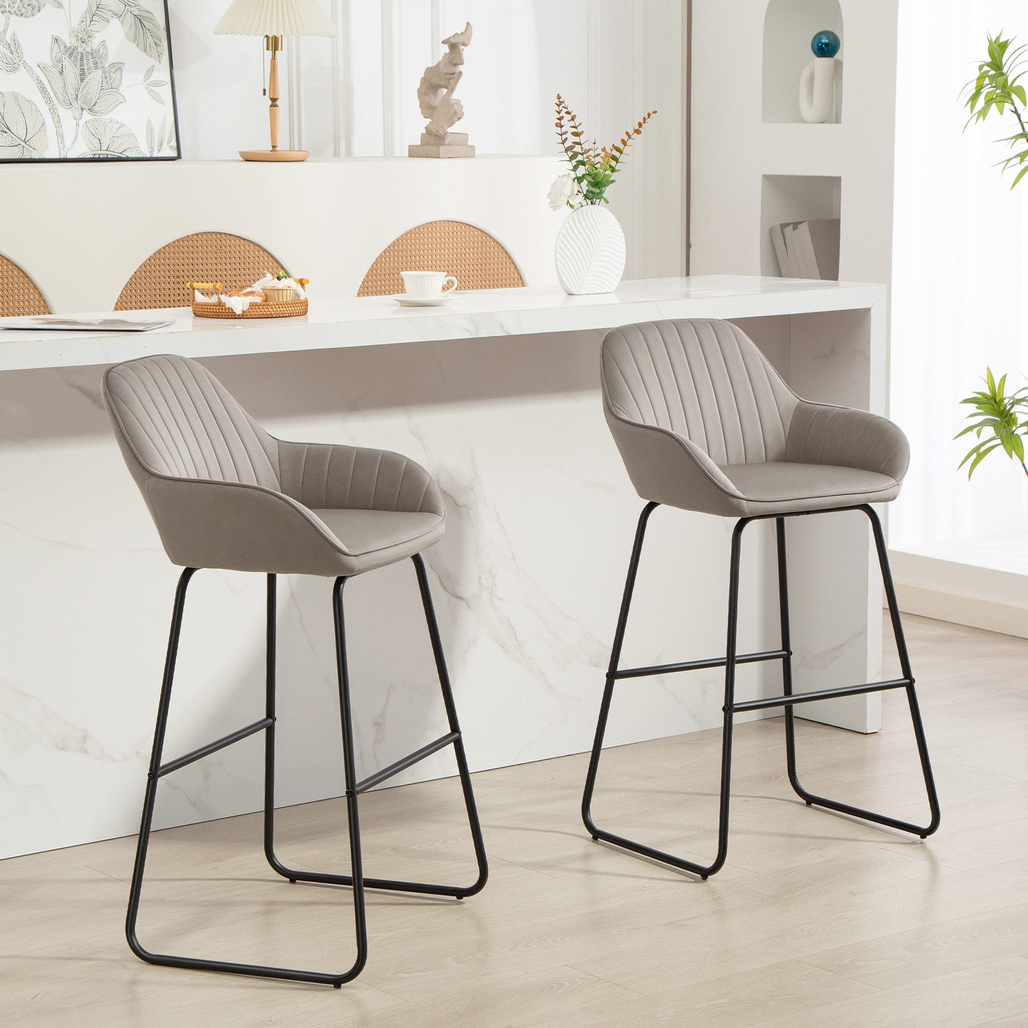 HOMCOM Barhocker mit Stoffbezug, Metallbeinen (Polsterhocker, 2 St., 2er-Set Barstühle), 50,5 x 53 x 96 cm, Grau