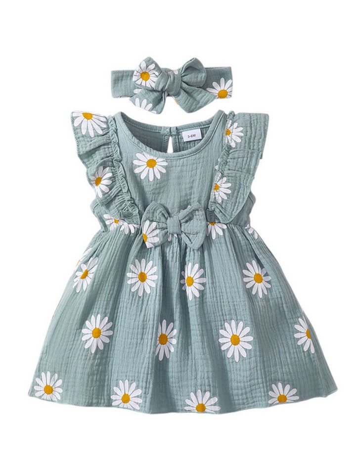 Lapastyle A-Linien-Kleid Ärmellos Baby-Sommerkleid, Strandkleid mit Blumendruck & Stirnband (Set, 2-tlg) Neugeborene Outfit Set, Lässiges Partykleid aus Baumwolle mit Rüschen