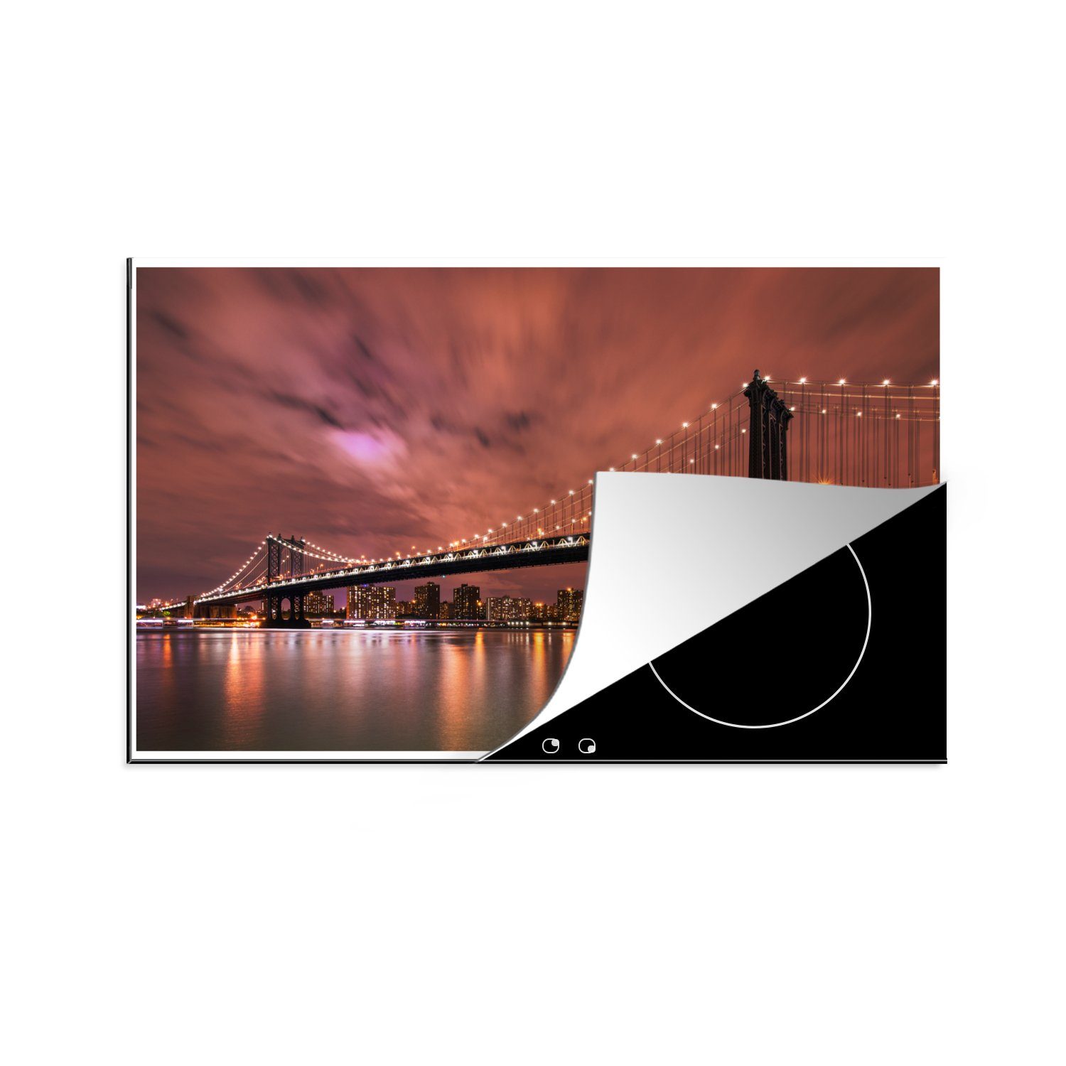 MuchoWow Herdblende-/Abdeckplatte Die Brooklyn Bridge in Amerika vor einem roten Abendhimmel, Vinyl, (1 tlg), 81x52 cm, Induktionskochfeld Schutz für die küche, Ceranfeldabdeckung