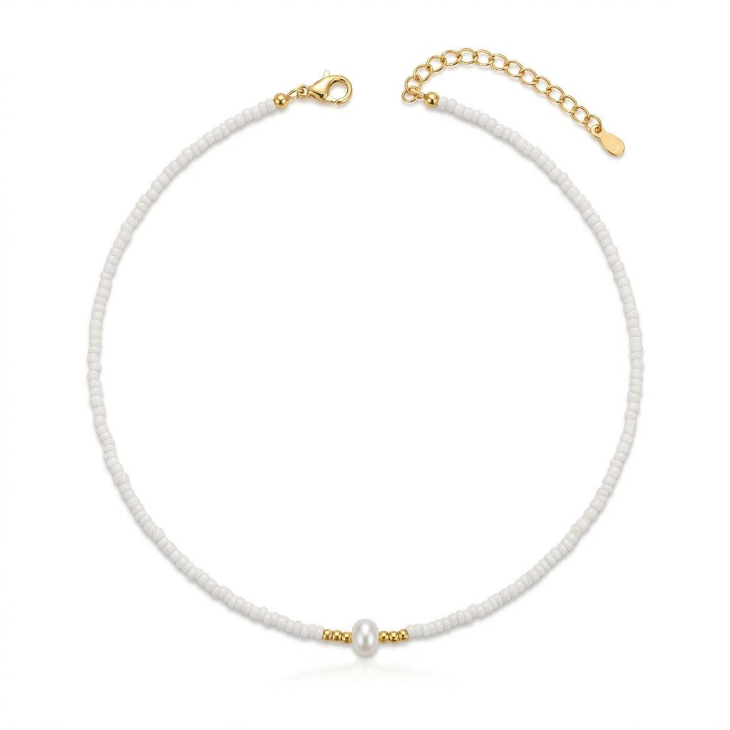 KARMA Perlenkette Halskette Damen Weiß od. Türkis 42 cm Kette (Karabinerverschluss, 1-tlg., verstellbar modern Damenhalskette), Zuchtperle Edelstahl vergoldet Perlen