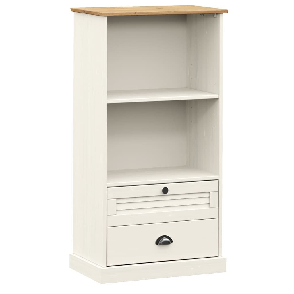 furnicato Bücherregal aus Massivholz, Weiß 60 x 35 x 114,5 cm, 1-tlg., Regalwand mit zwei Schubladen und Metallknöpfen aus Kiefernholz
