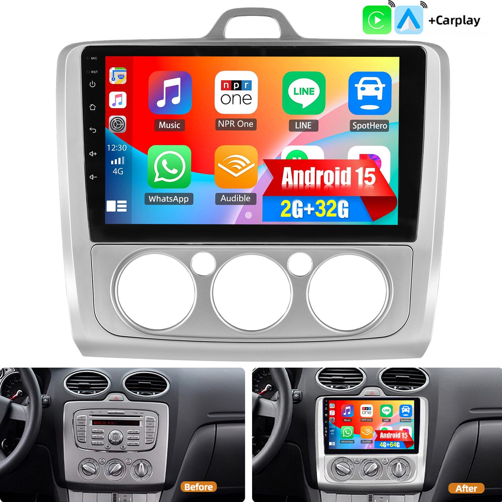 ESSGOO Für Ford Focus MK2 MK II 2004-11 Android 15 Autoradio Carplay Navi RDS Autoradio (DAB+ (optional), 4+64GB(optional), AM, FM, RDS, Apple Carplay & Android Auto,Bluetooth,ASP)