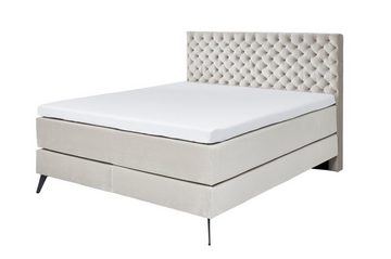 möbelando Boxspringbett LA Maison, Das Boxspringbett im Samtstoff mit gestepptem Kopfteil, ist auf einem hochwertigen Holzrahmen mit Bonnell-Federkern und einer 7-Zonen-Tonnentaschenfederkern-Matratze (TTFK 350) mit optimaler Körperanpassungsfähigkeit und hervorragender Punktelastizität durch sensible Federn, die einzeln in Taschen eingenäht sind.