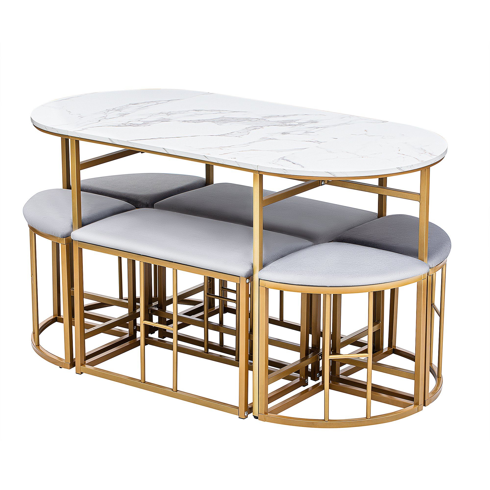 OKWISH Essgruppe, (1 Tisch, 4 Hocker und 2 bank, 7-tlg., Tisch in Marmoroptik), Hocker mit gepolstert