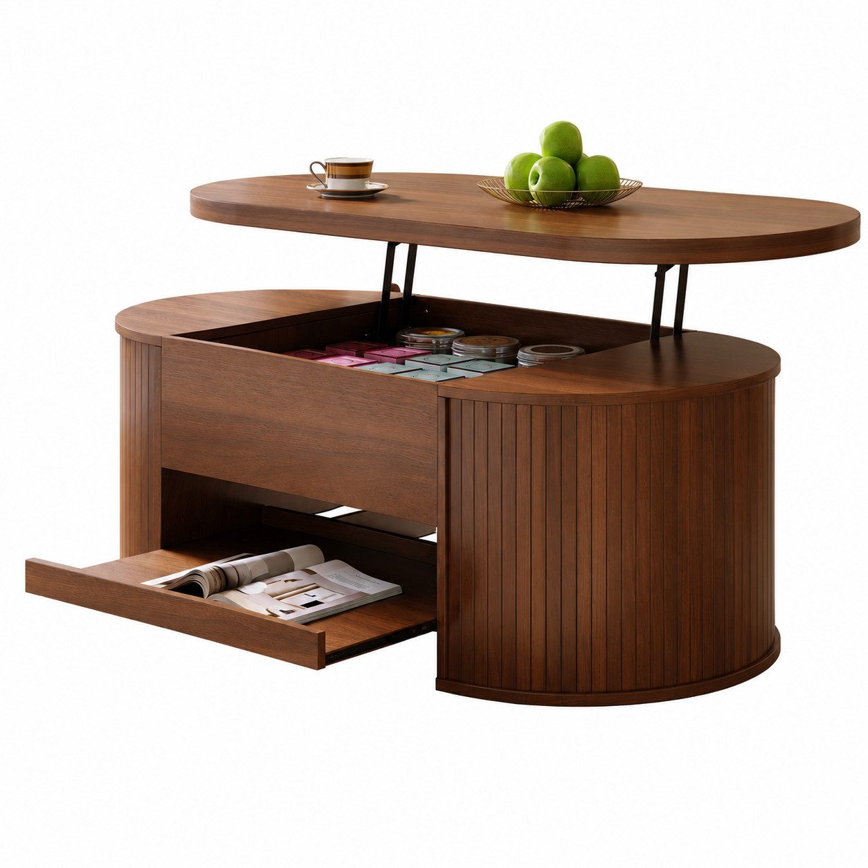 Merax Couchtisch höhenverstellbar Sofatisch Beistelltisch mit gebogenen Holzseiten (1-St., 110x55,5x40 cm), Wohnzimmertisch mit ausziehbaren Regalen und verstecktem Stauraum