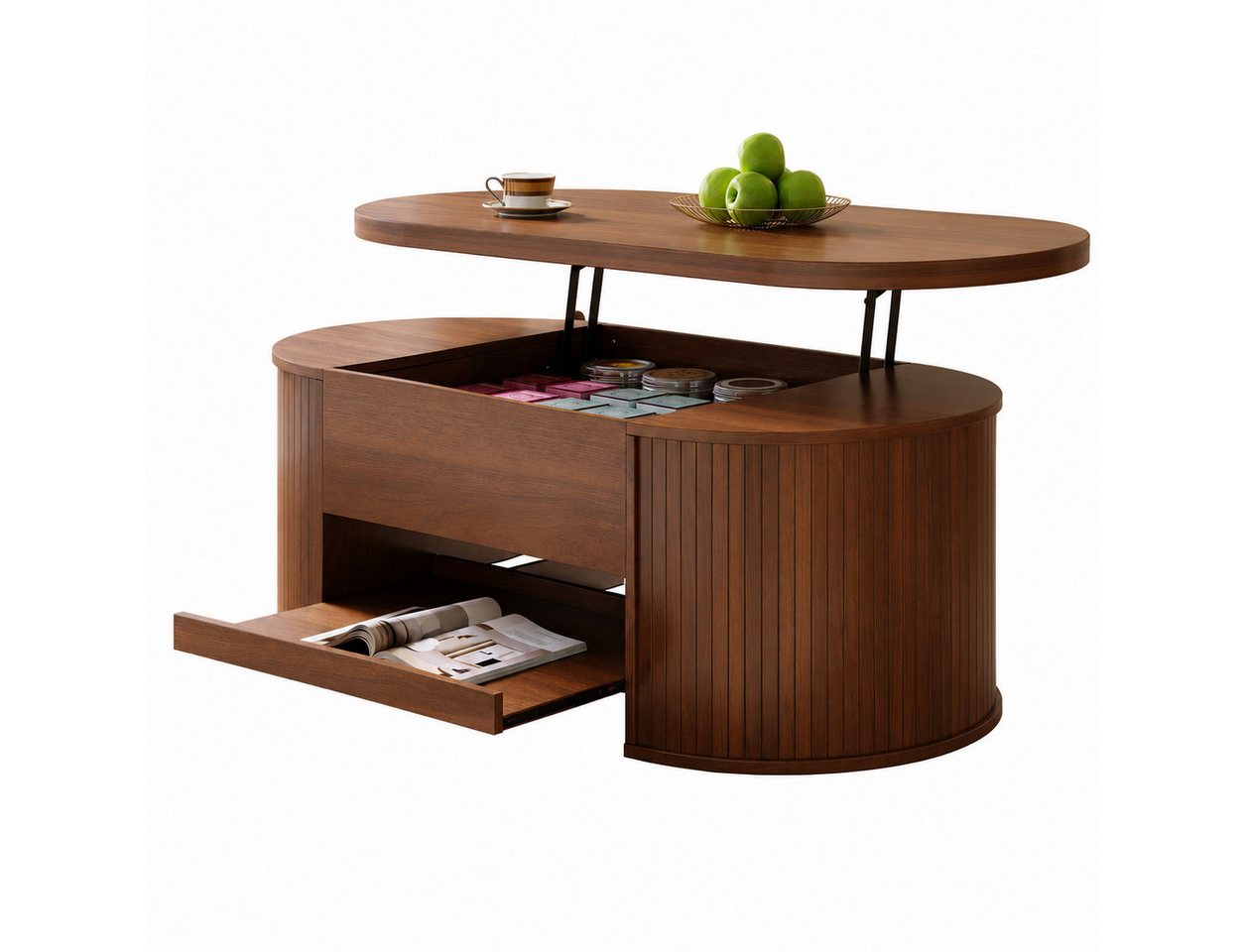 Merax Couchtisch höhenverstellbar Sofatisch Beistelltisch mit gebogenen Holzseiten (1-St., 110x55,5x40 cm), Wohnzimmertisch mit ausziehbaren Regalen und verstecktem Stauraum