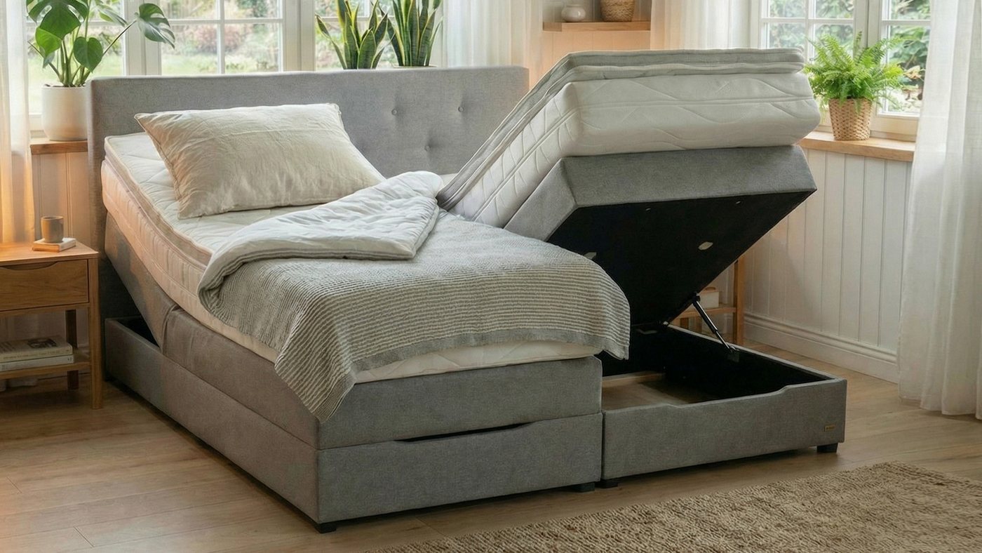 PAARA Boxspringbett Rio mit Bettkasten Kopfteil verstellbar Stauraum, inkl. Matratzen und Topper, mit einzigartigem Belüftungssystem