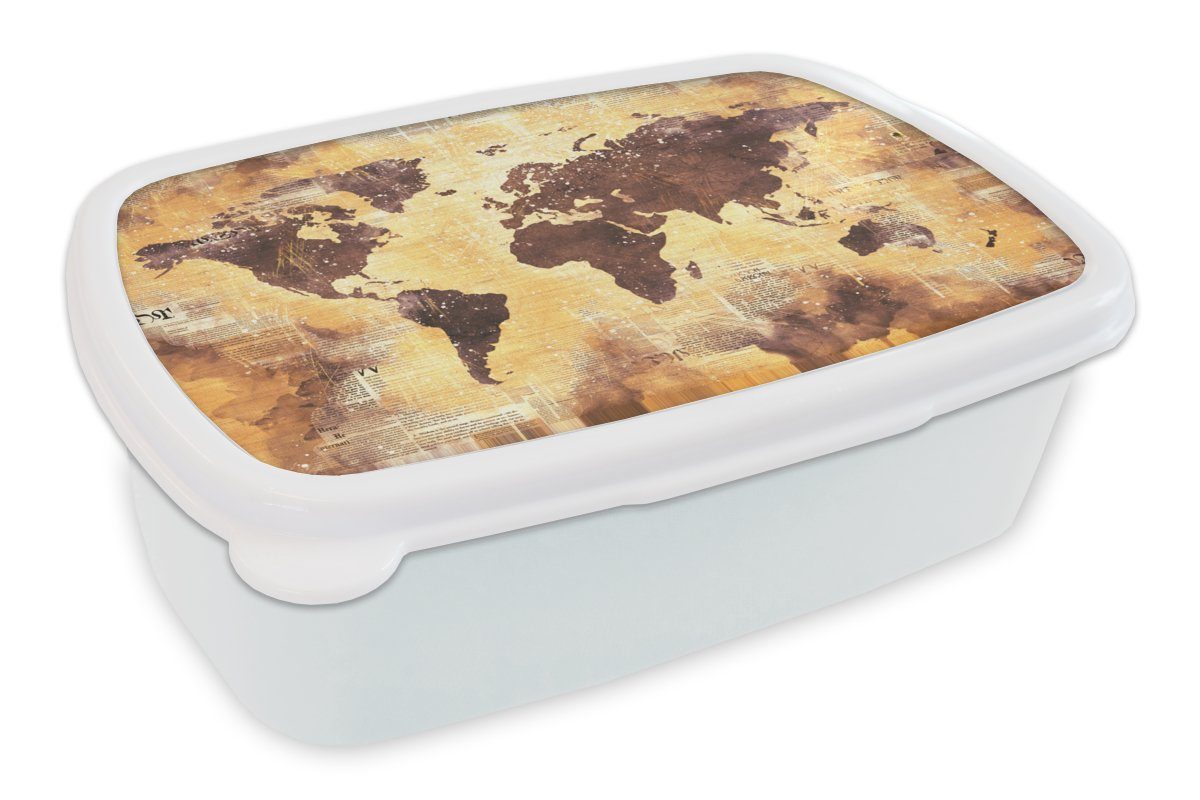 MuchoWow Lunchbox Weltkarte - Glitter - Gold, Kunststoff, (2-tlg), Brotbox für Kinder und Erwachsene, Brotdose, für Jungs und Mädchen weiß