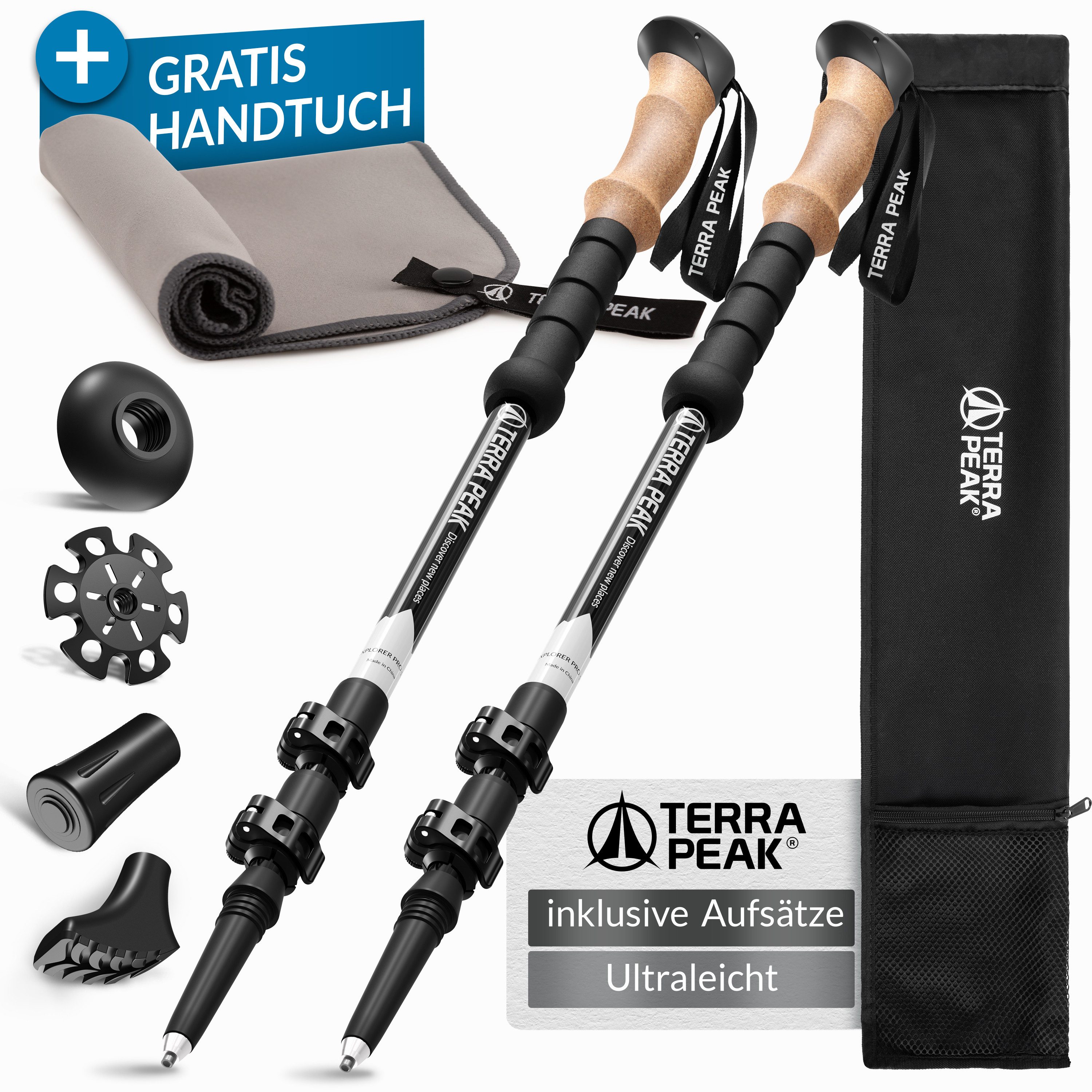 Terra Peak Wanderstöcke Explorer 135 (inklusive Mikrofaserhandtuch und 4 zusätzliche Aufsätze), Mit ergonomischen Echtkorkgriffen, zum Wandern und Nordic Walking