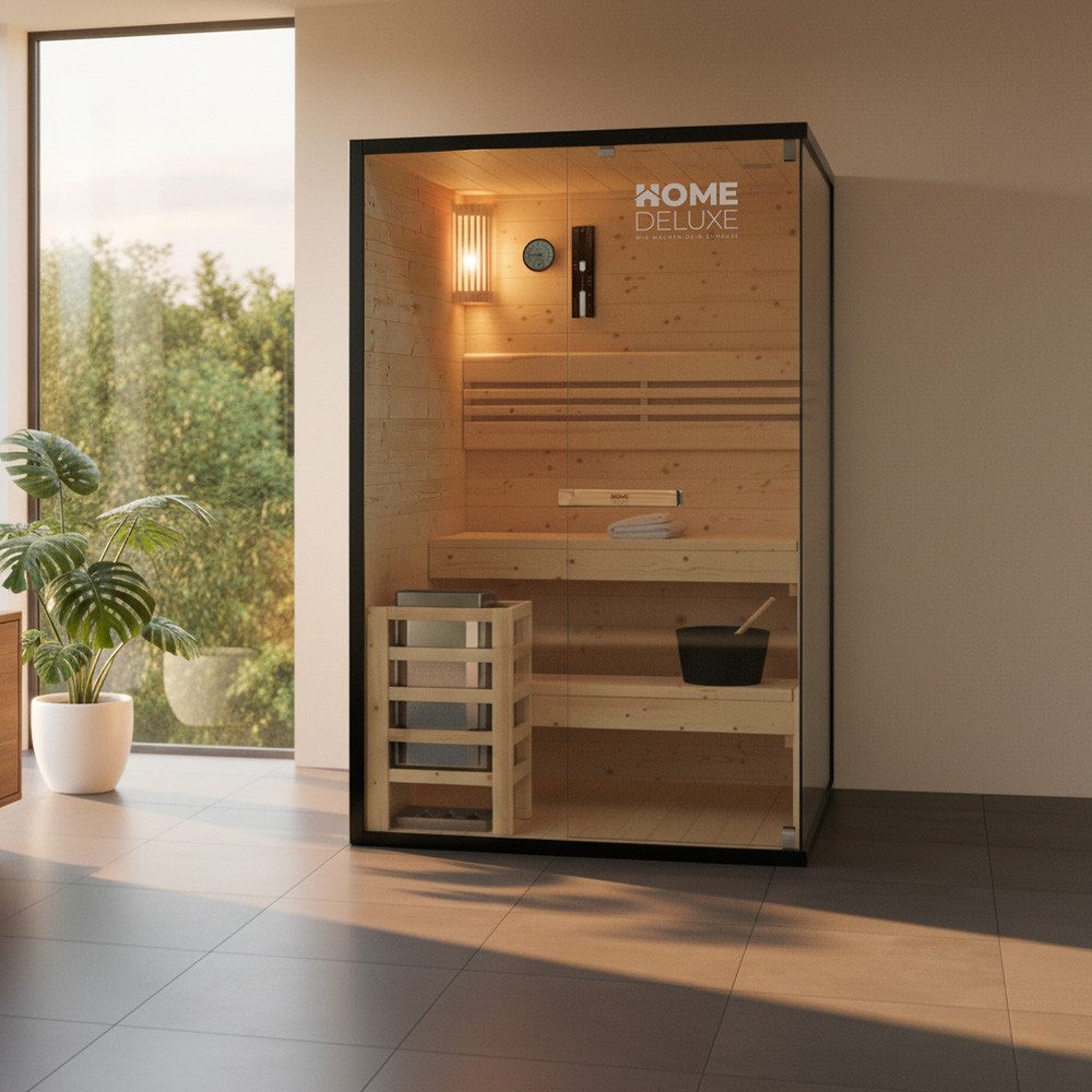 HOME DELUXE Sauna SHADOW M, BxTxH: 120 x 120 x 190 cm, 44 mm, (inkl. 3,6 kW Saunaofen & komplettem Zubehör) für 2 Personen, Hochwertiges Fichtenholz, Traditionelle Sauna