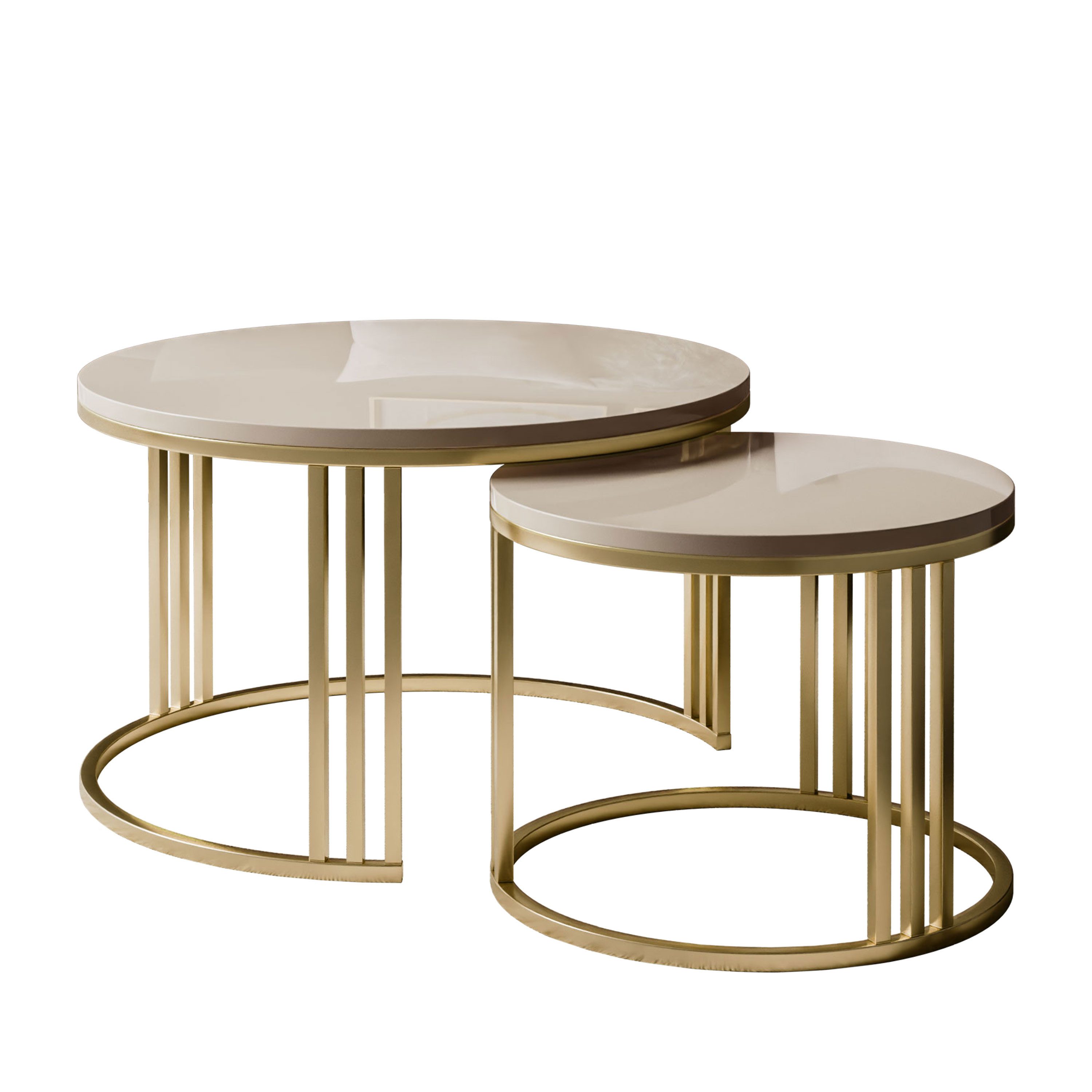 Lookway Couchtisch LORI 2in1 in HOCHGLANZ auf einem gebürsteten goldfarbenen Gestell (2er Set), Durchmesser: ⌀70 cm und ⌀50 cm, Höhe: 49 cm und 44 cm – Bild 5 von 5