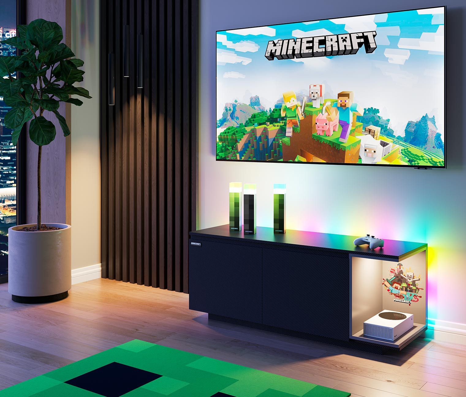 Minecraft Lowboard für TV oder Fernseher - mit indirekter Beleuchtung, schwarzes Sideboard aus Holzin Carbon Optik - 2 Türen & 1 offenes Fach