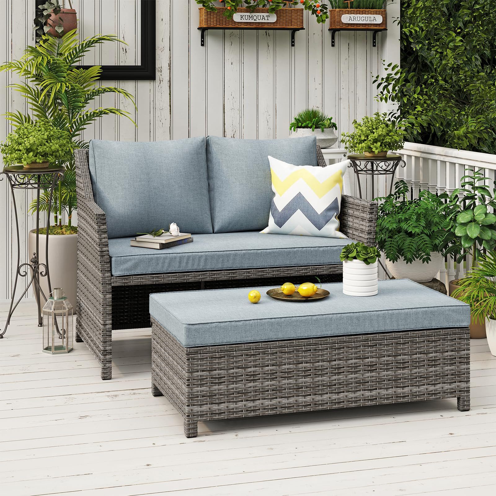 JOIVI Gartenbank 2-tlg Outdoor Rattan Gartenbank (Terrasse Loveseat mit Couchtisch, mit integriertem Staufach), grauem Rattan und grauen Kissen