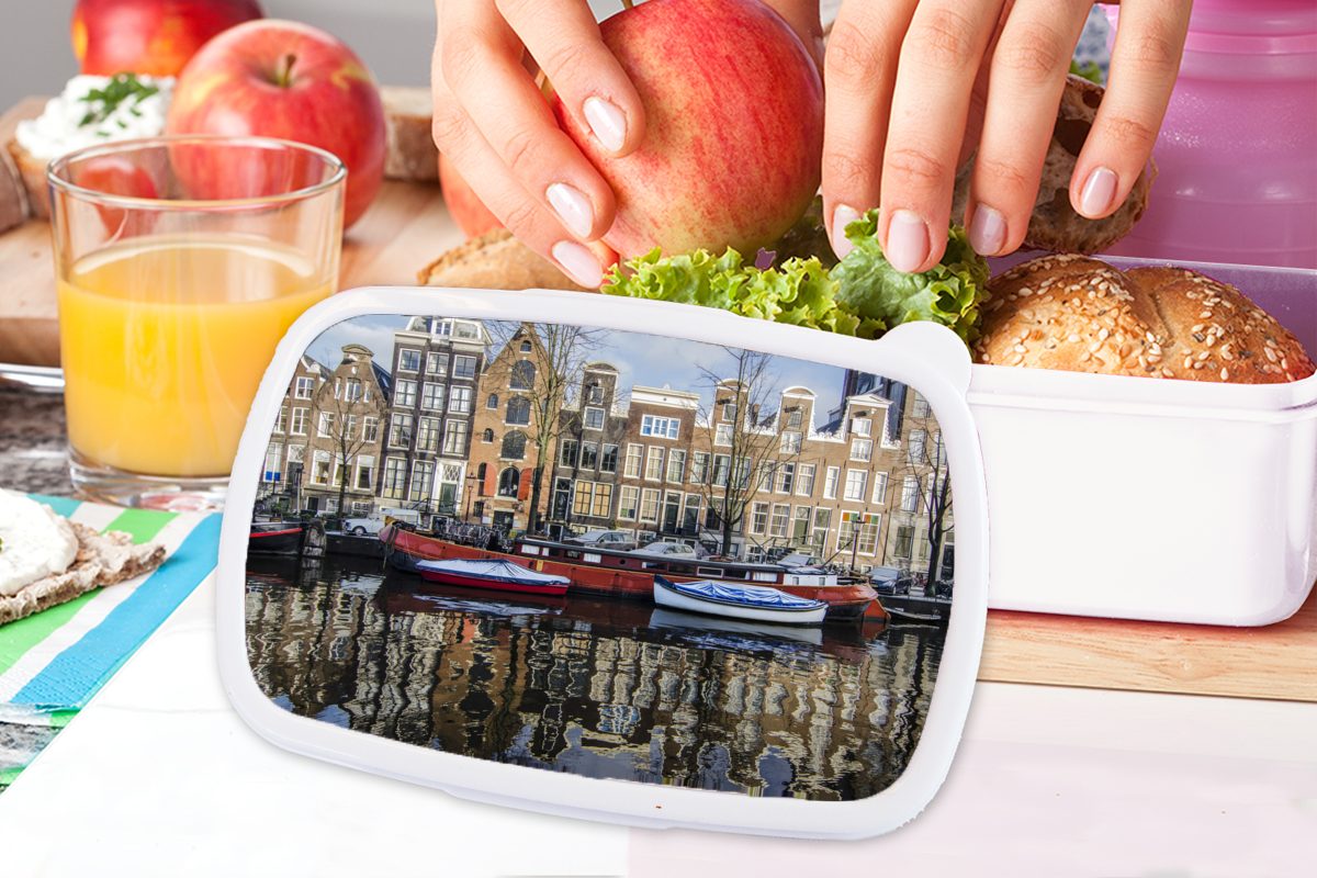 Lunchbox in MuchoWow für und Gracht Brotdose, und Amsterdam, Kunststoff, für der Kinder Ein Erwachsene, (2-tlg), rotes Mädchen Hausboot weiß Brotbox Jungs von