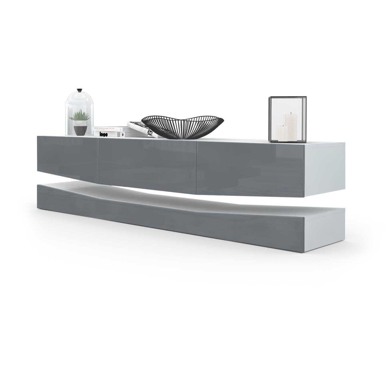 Vladon Lowboard City (TV-Kommode mit Sockelelement, 1 offenem Fach und 3 Schubkästen), Weiß matt/Grau Hochglanz (178 x variabel x 39 cm)