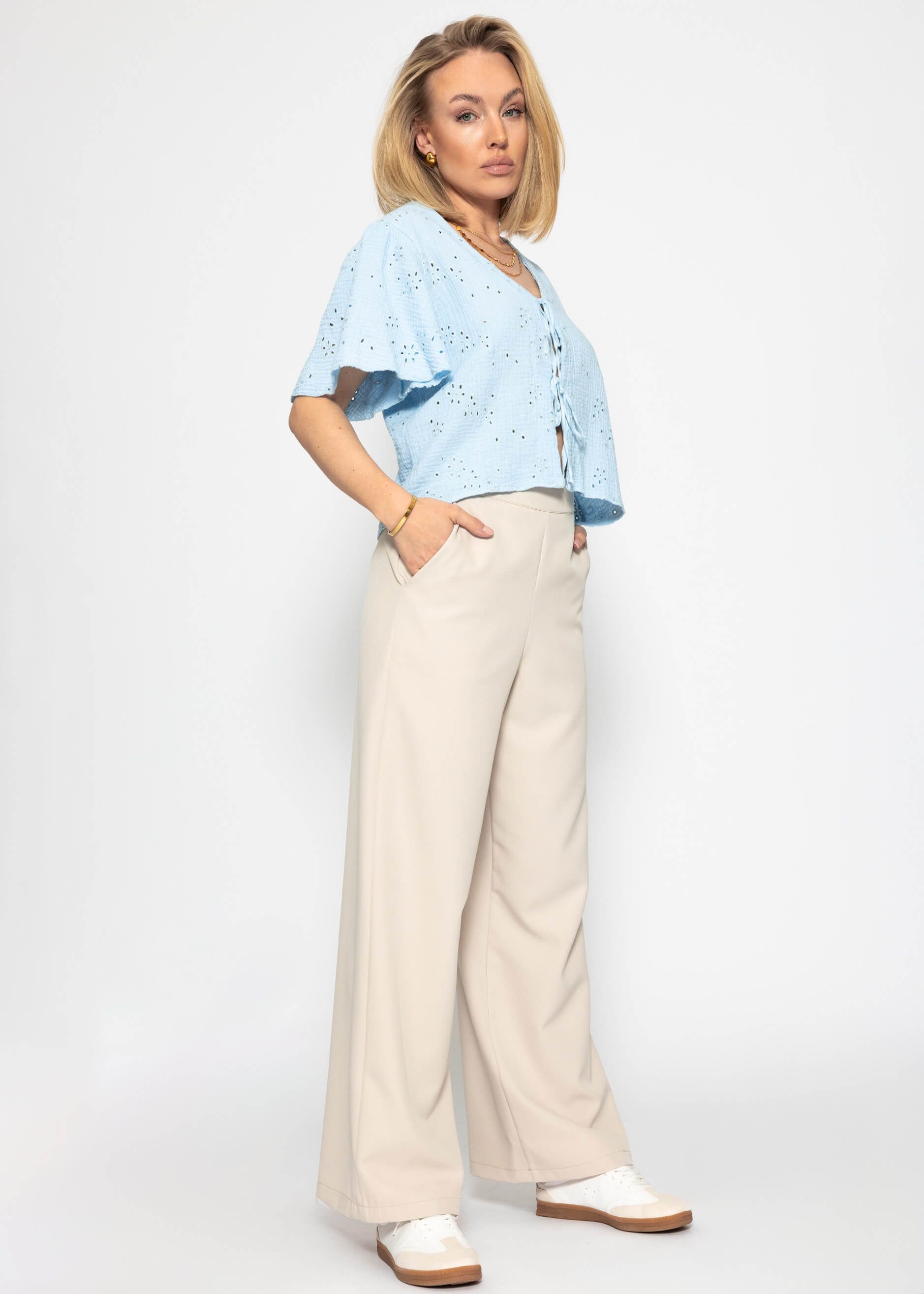 Langarmbluse Musselin Bluse zum Binden Damen mit Lochstickerei