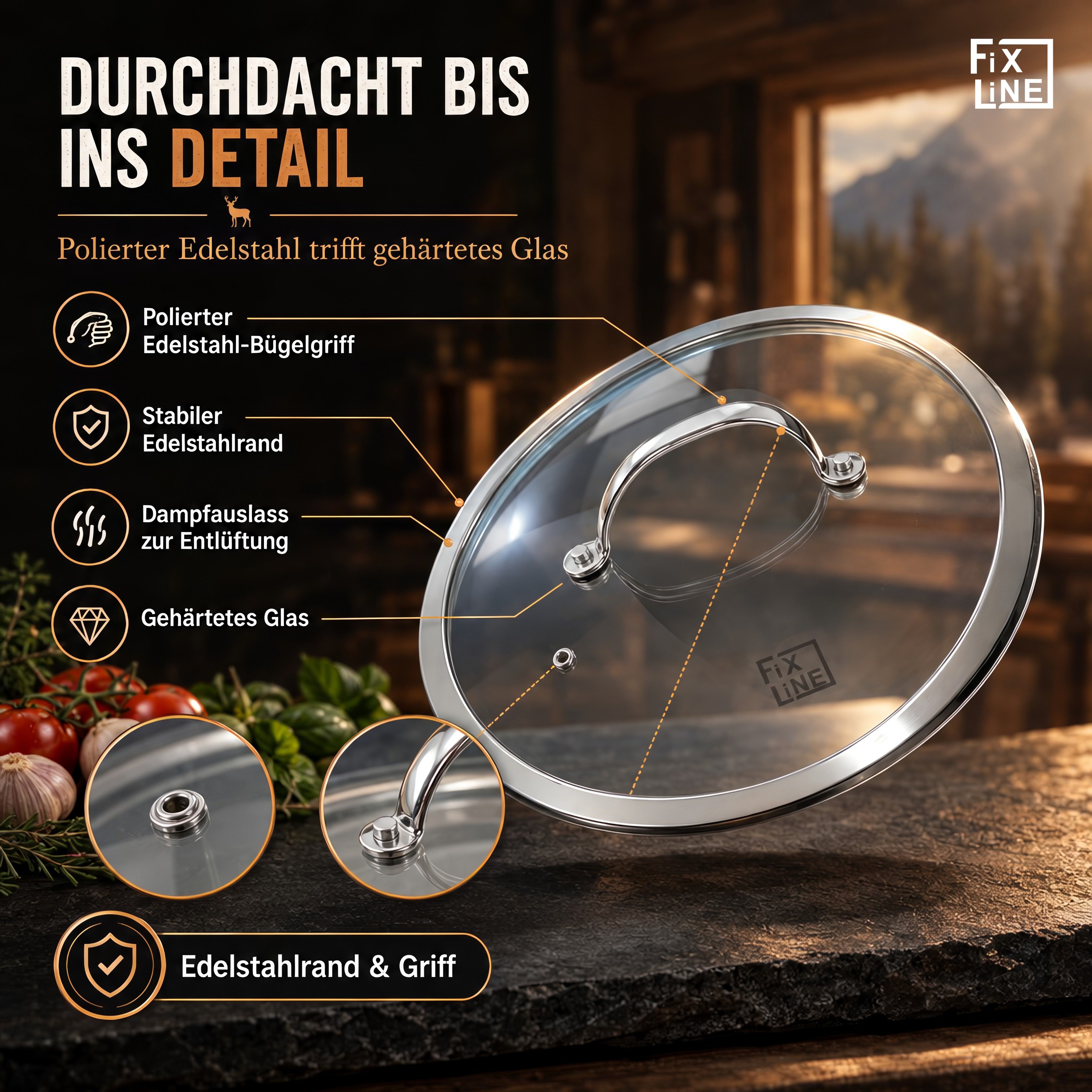 FIXLINE Pfannendeckel 28cm passend für alle Pfannen & Töpfe - Glas/Edelstahl, (Packung, 1 Deckel), Ideal für alle FIXLINE Pfannen – Bild 3 von 5