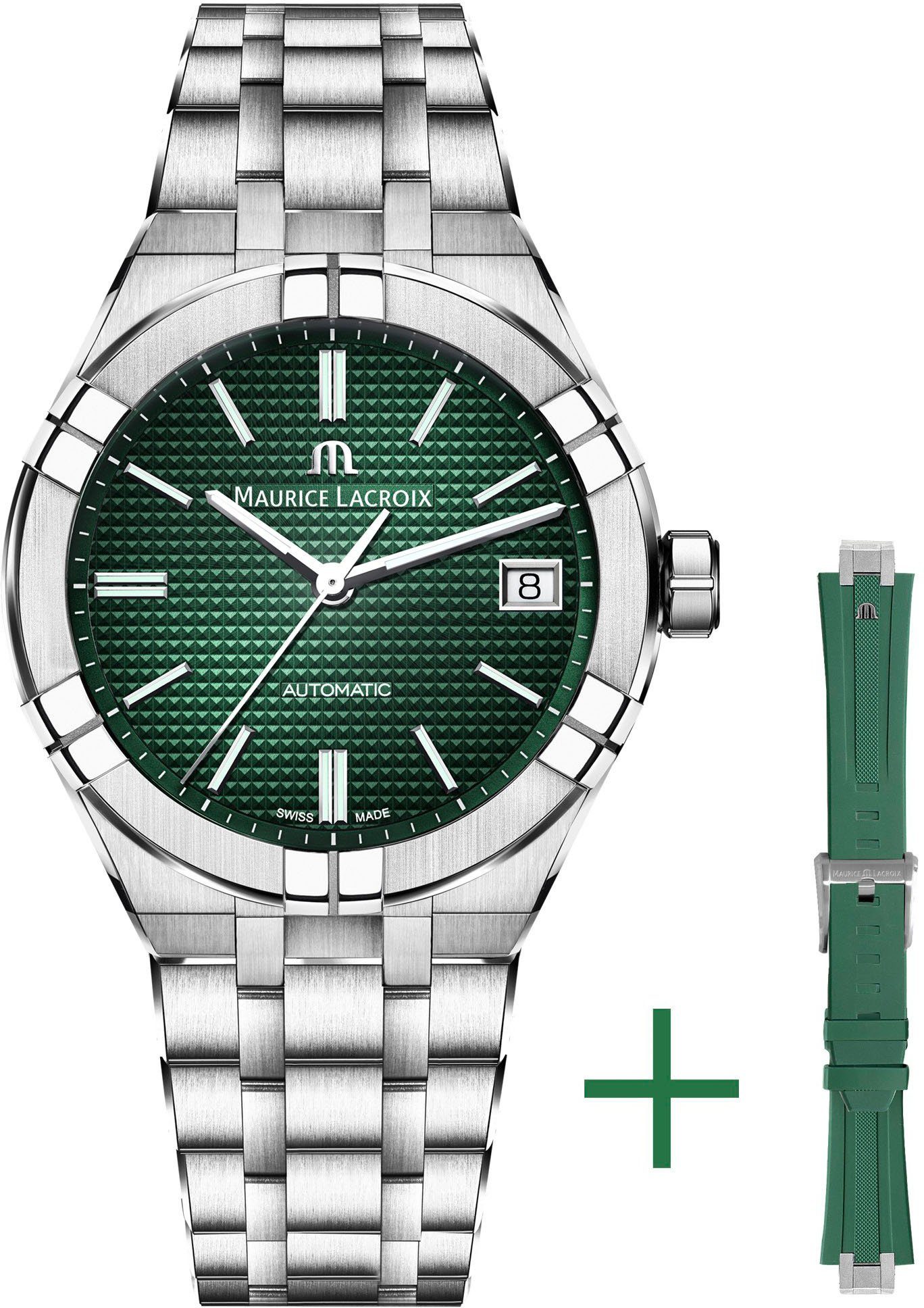 MAURICE LACROIX Automatikuhr Aikon Automatik, AI6007-SS00F-630-D, (Set, 2-tlg., Uhr mit grünem Wechselarmband aus Kautschuk) | Schweizer Uhren