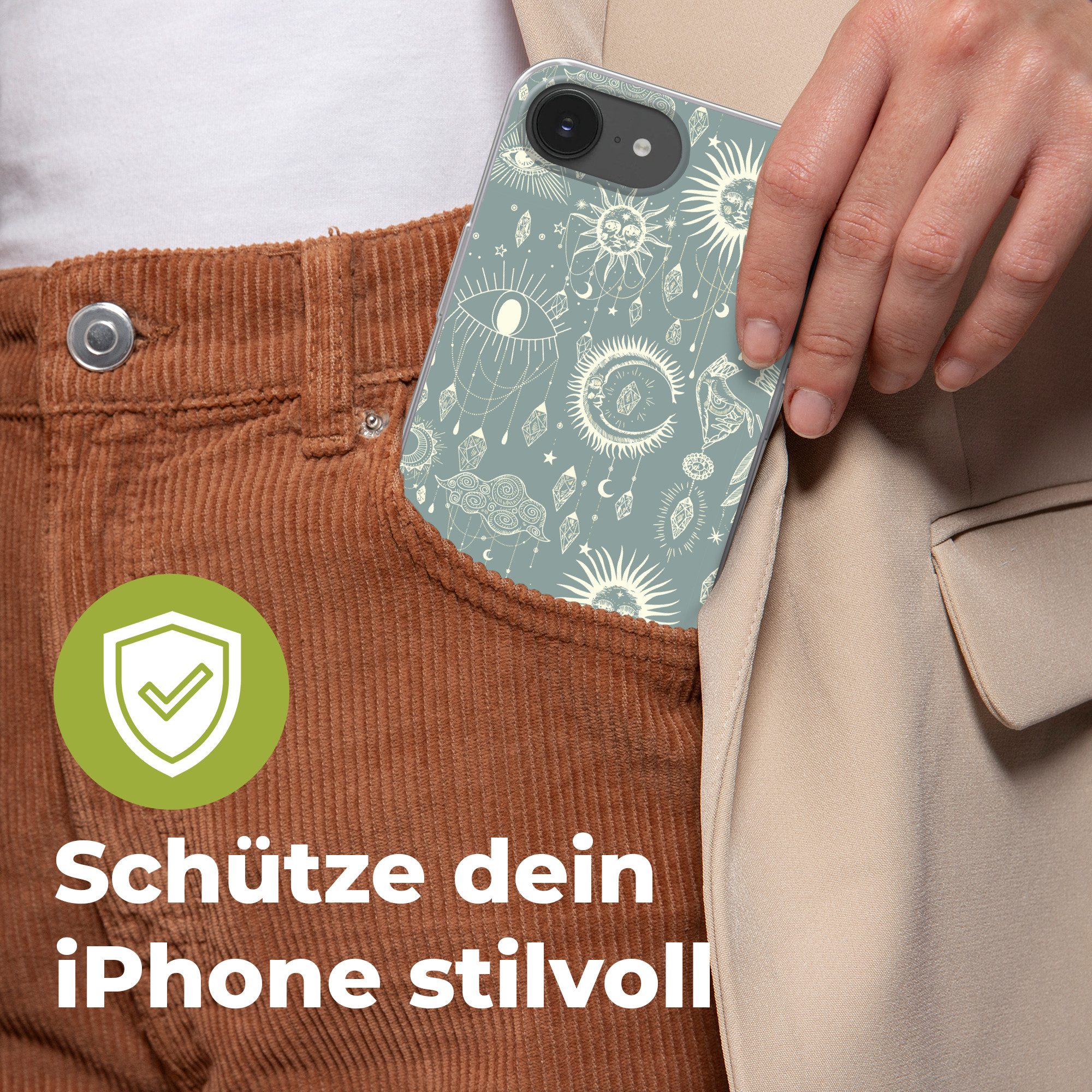 MuchoWow Handyhülle für Apple iPhone 16e Boho - Druck - Blau - Sonne - Augen - Zen, Smartphone-Bumper, Print, Handy Schutzhülle Dünn