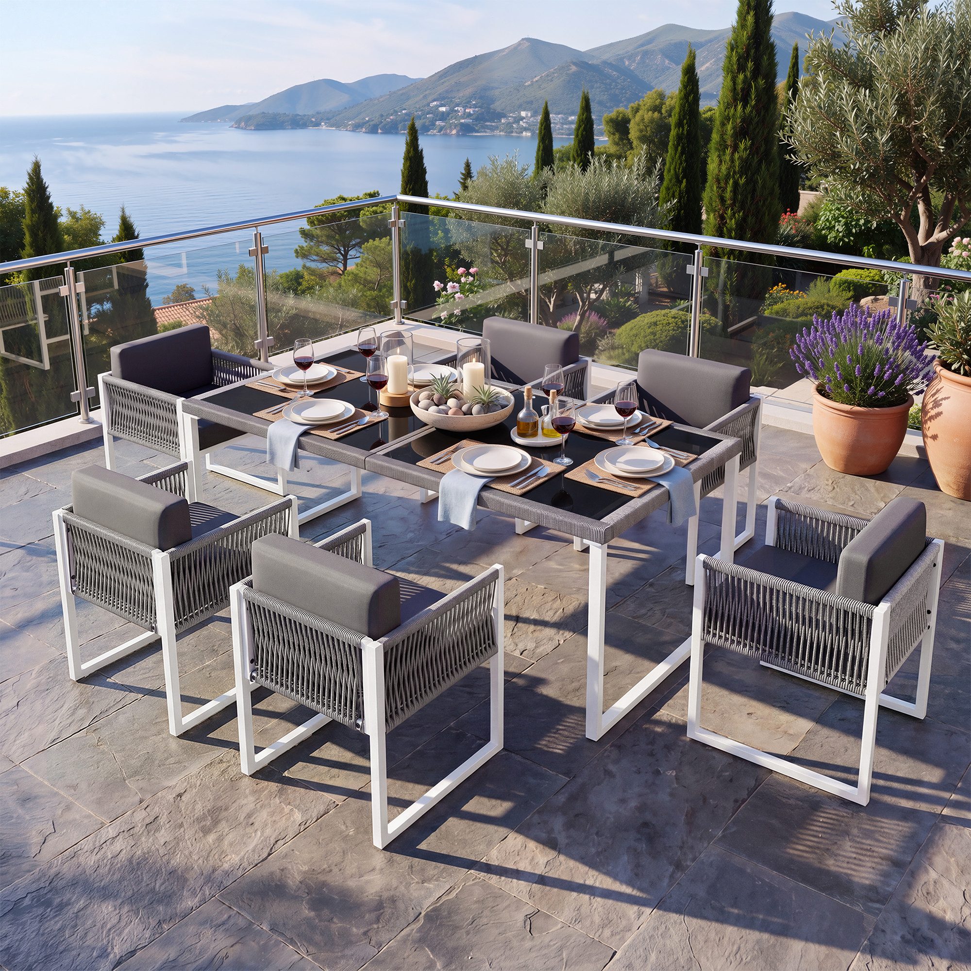 Flieks Sitzgruppe, Tisch- und Stuhlset Gartenmöbel Essgruppe aus Seil, Stuhl*6 & Tisch*1