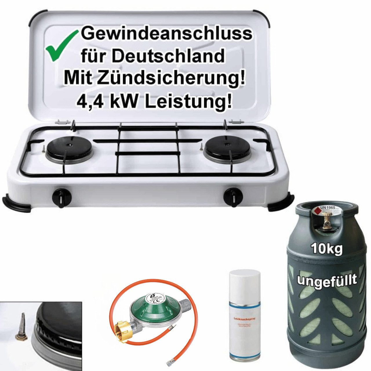 BlueCraft Gaskocher 2 flammig mit Zündsicherung 50mbar Propan Gas Campingkocher 4,4 kW, (mit Schlauch 100 cm und Gas Regler Druckminderer Gasherd Gas-Kochfeld), Camping Gas Kocher 2 flammen mit Propan Gasflasche 10kg ungefüllt-leer