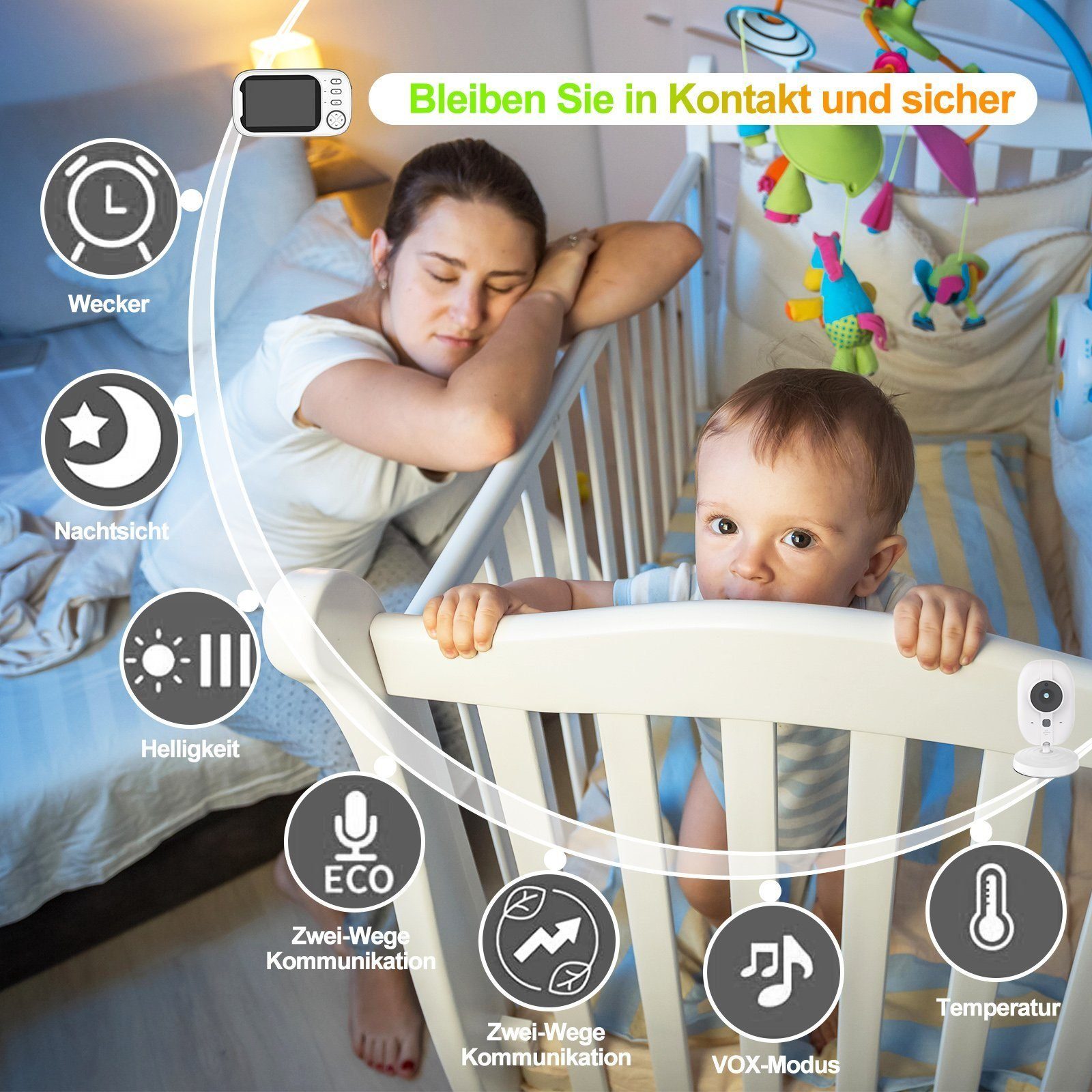 DOPWii Babyphone Babyphone mit Kamera 3.5"LCD Bildschirm 360° Blickwinkel, Verfügbar (Kamera+Monitor oder Einzelkamera), Sichtwinkel: 60 Grad
