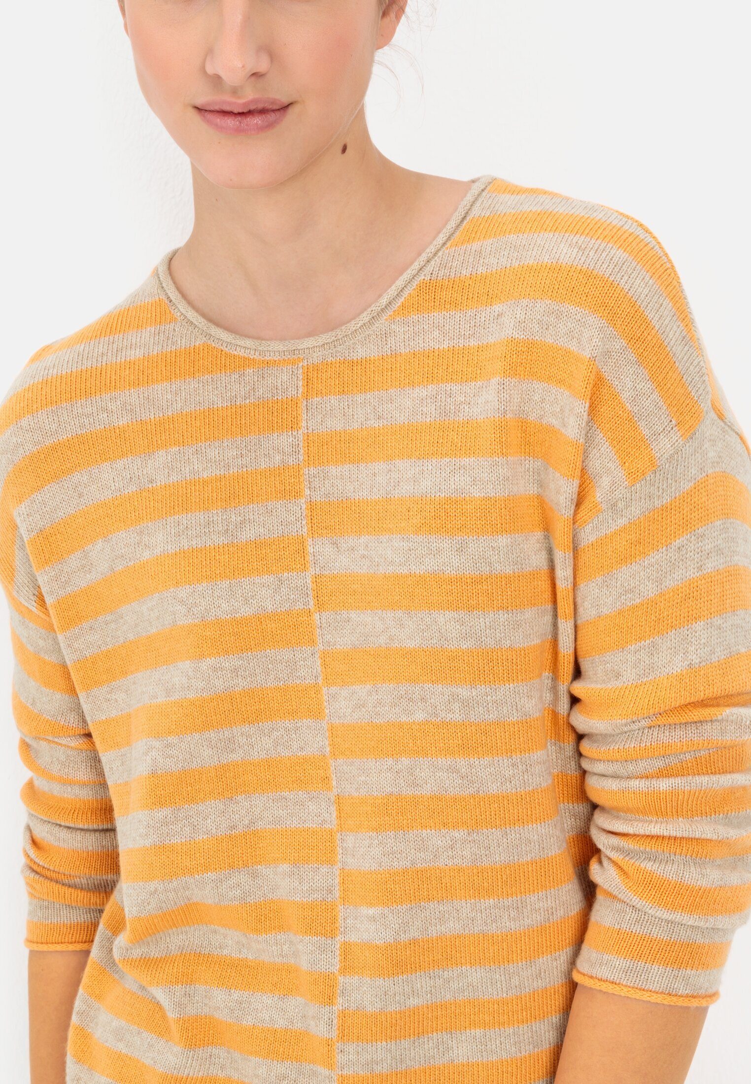 camel active Strickpullover mit Streifenmuster Langarm Rollkragen Markenlabel