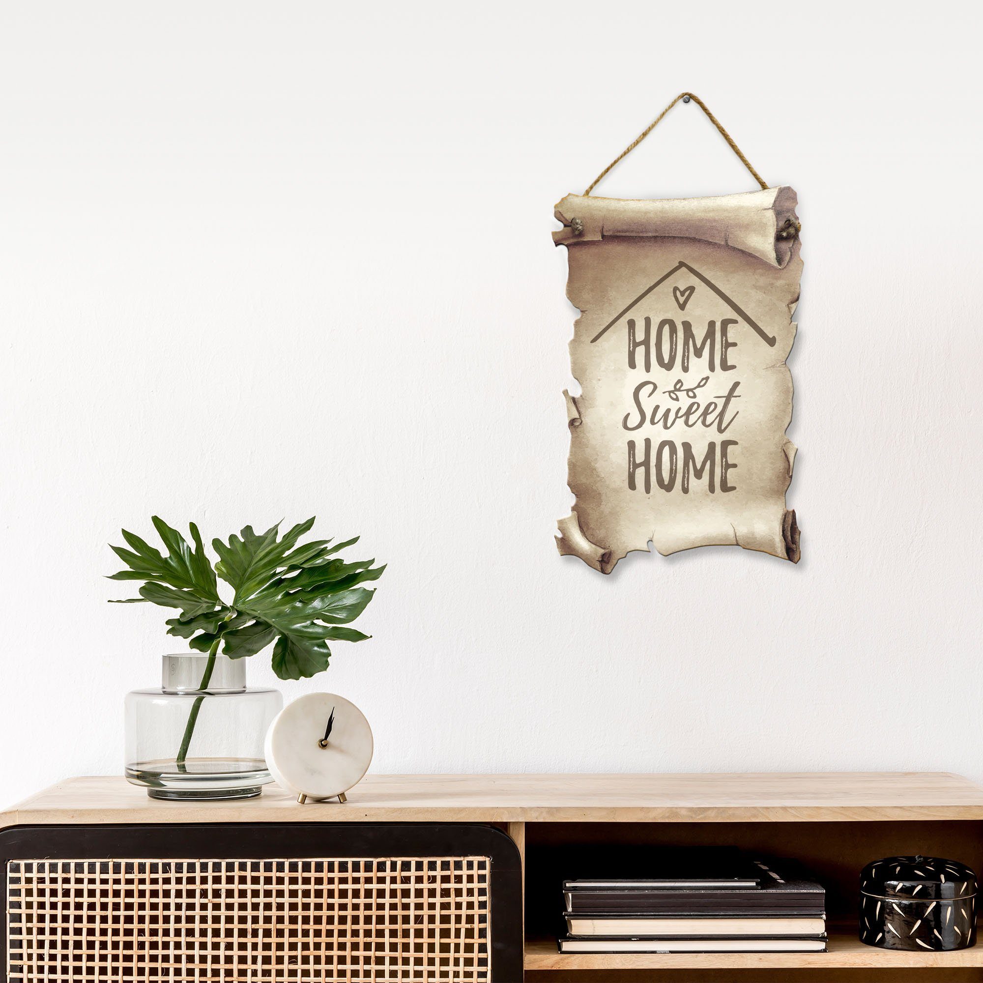 Geschenk & „Home Feder mit & Spruch, aus Kreative Sweet Wanddekoobjekt Freunde Familie Schriftrollen-Optik, Holz Deko-Schild in ideales für Motiv Home“