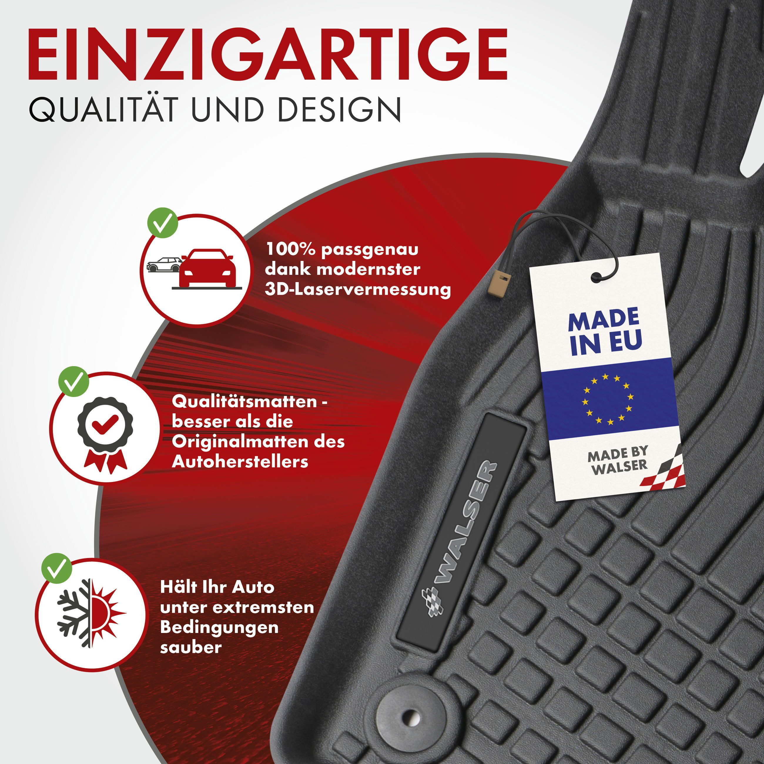 WALSER Auto-Fußmatten Automatte Passform RM (3 St), für TESLA MODEL 3 (5YJ3) TESLA MODEL 3 (5YJ3), YB 01/2017-, MODEL 3 01/2017-