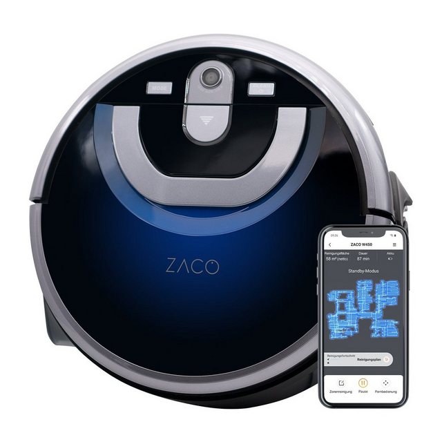 ZACO Wischroboter W450, 24 W, getrennter Frisch- und Schmutzwassertank, Nasssaugroboter, 60m², Kamera Navigation, Wischfunktion, App, Alexa