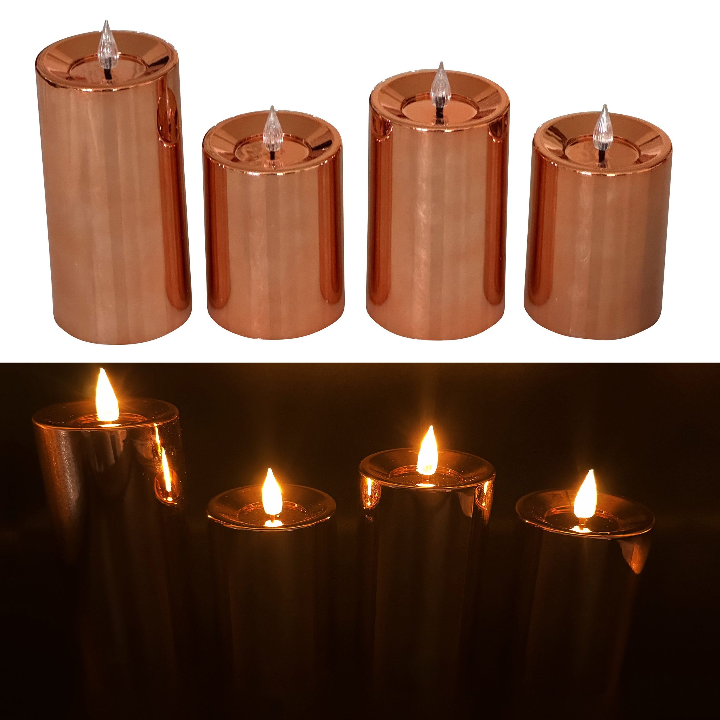 Online-Fuchs LED-Kerze 4 LED Kerzen mit 6-Stunden Timer und Hochglanz Oberfläche (in den Farben Silber, Rot, Rosé, Blau und Grün, realistische Flamme aus Acrylglas), Outdoor geeignet - Deko für Herbst, Winter und Weihnachten