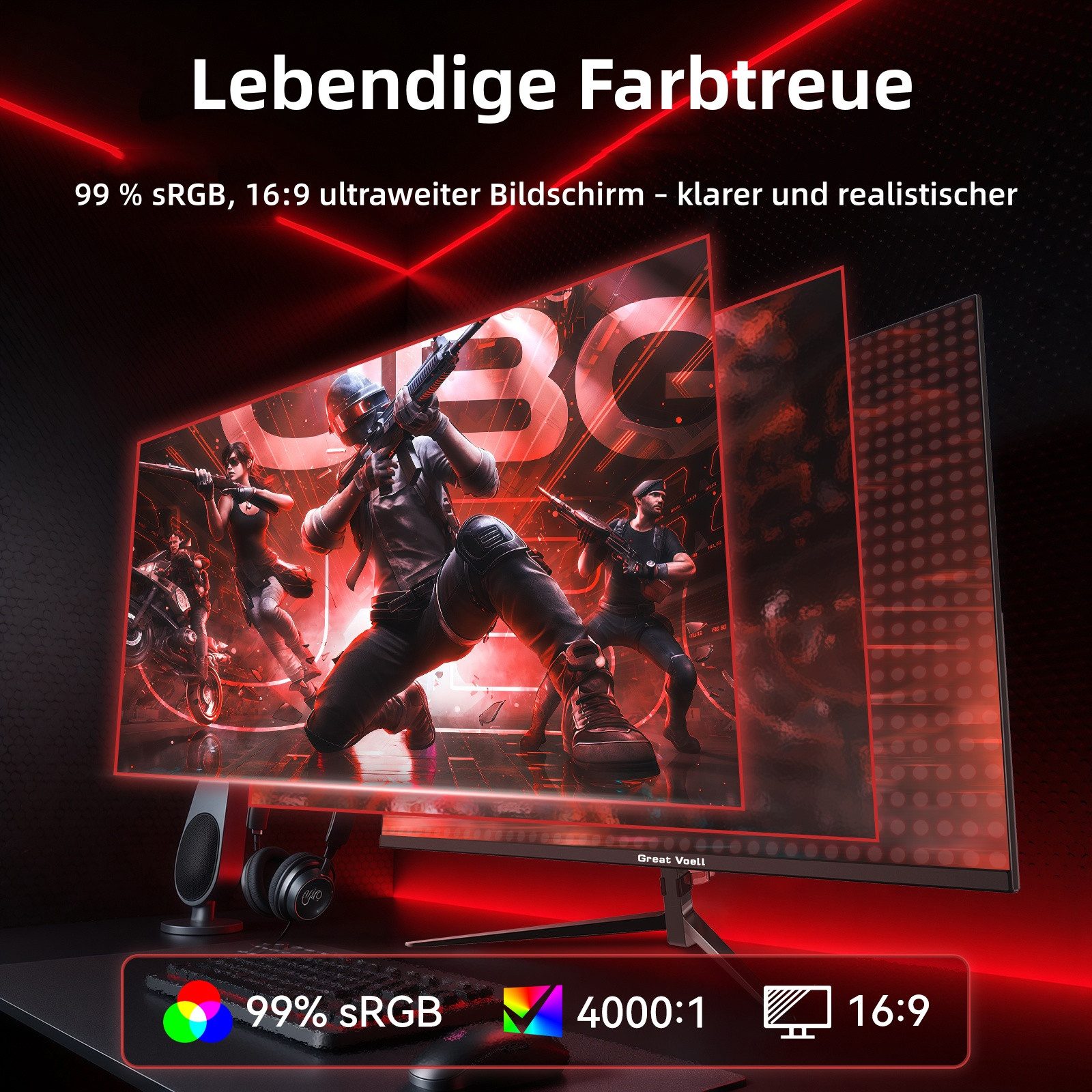 Great Voell Z270B13 FHD Flach Monitor, 100 Hz, Integrierte Lautsprecher, 16:9 Gaming-Monitor (68,6 cm/27 ", 1920x1080 px, FHD, 1 ms Reaktionszeit, 100 Hz, VA LED, HDR10, Eingebauter Lautsprecher, Flacher Gaming & Home Office Monitor)