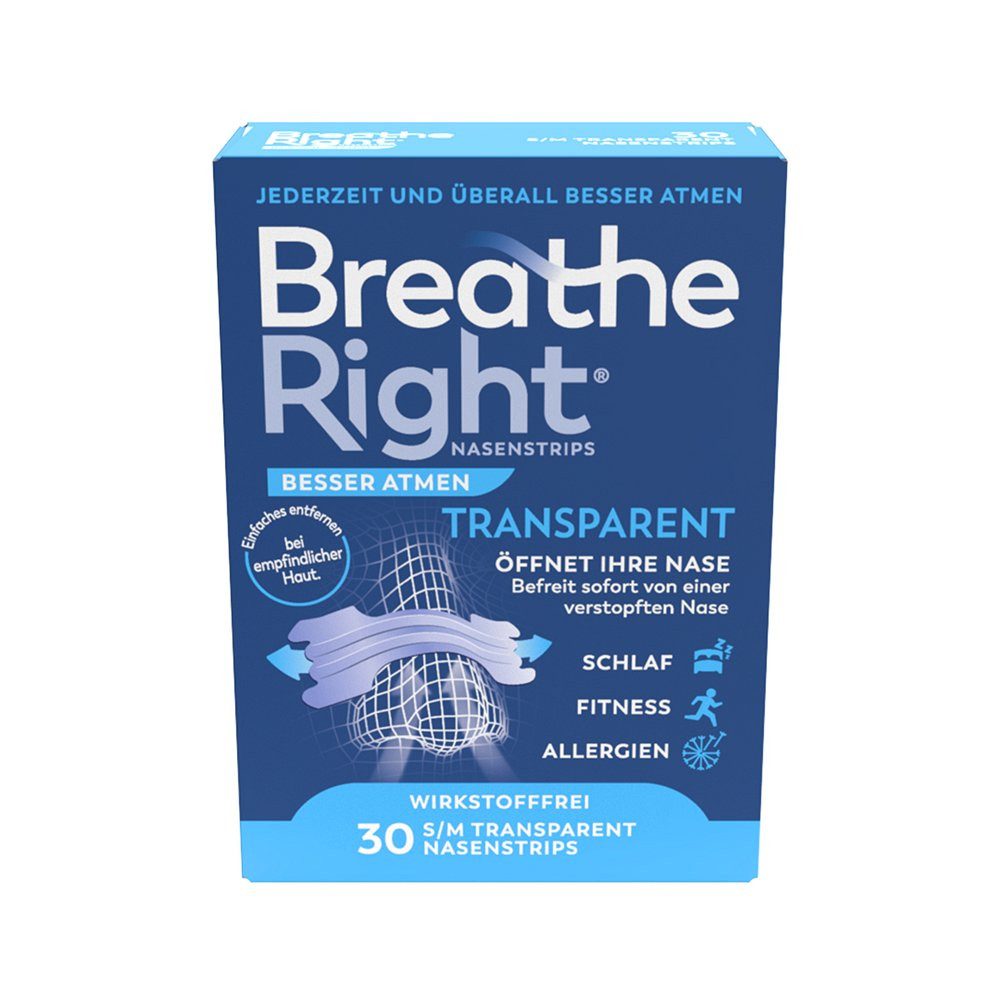 Besser Atmen Breathe Right® Nasenpflaster Nasenstrip transparent (1x30St, 30 St), öffnen die Nase für ein leichteres Atmen